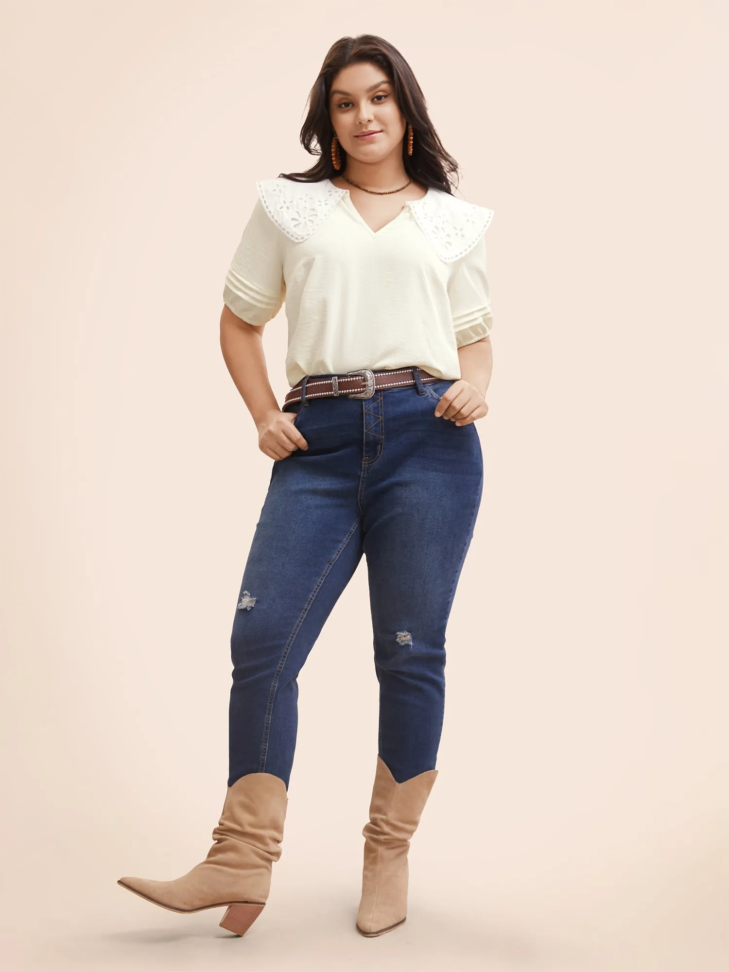 Lace Collar Lantern Sleeve Pleated Blouse sold by Bloomchic product image thumbnail 2