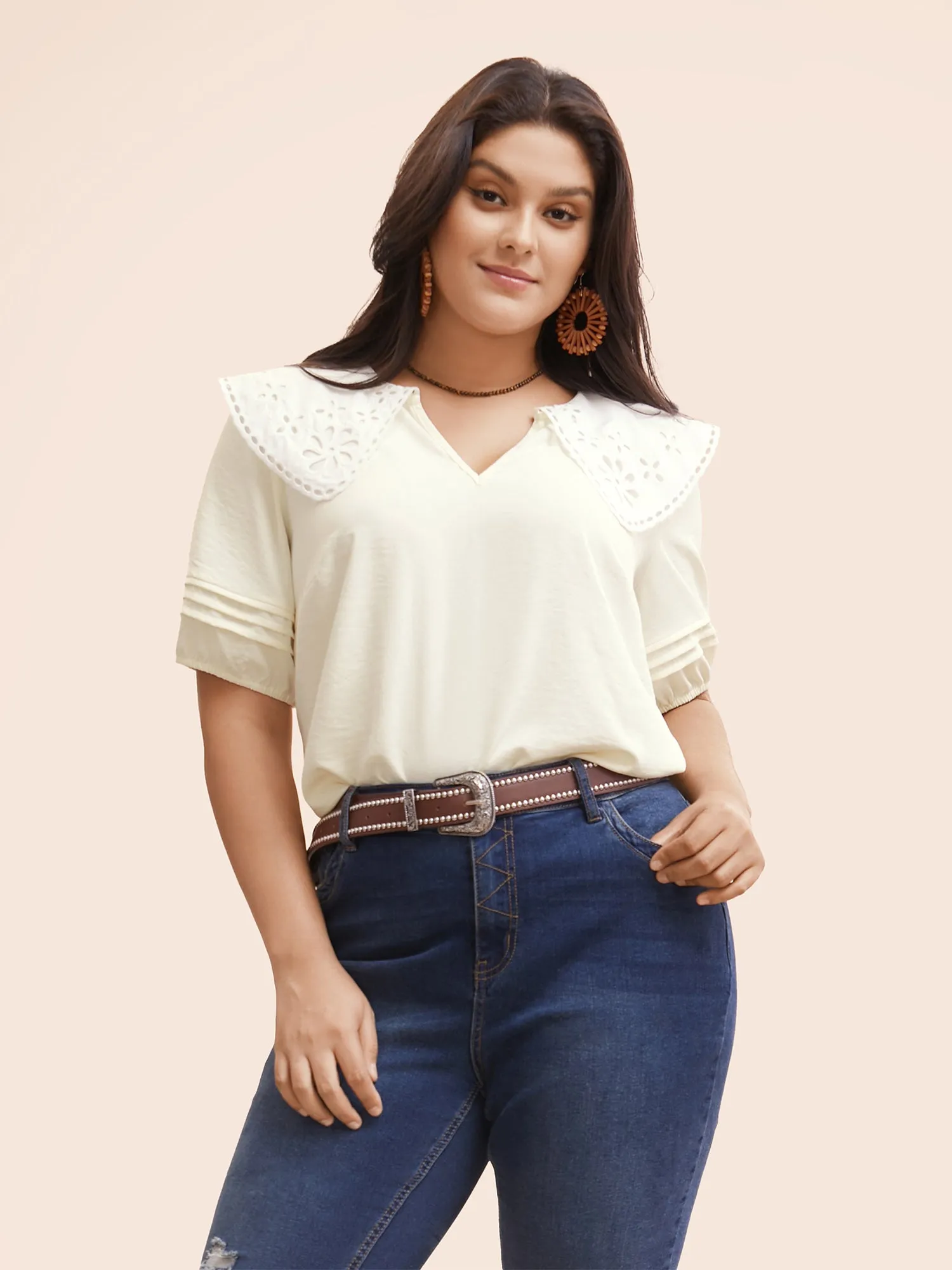 Lace Collar Lantern Sleeve Pleated Blouse sold by Bloomchic