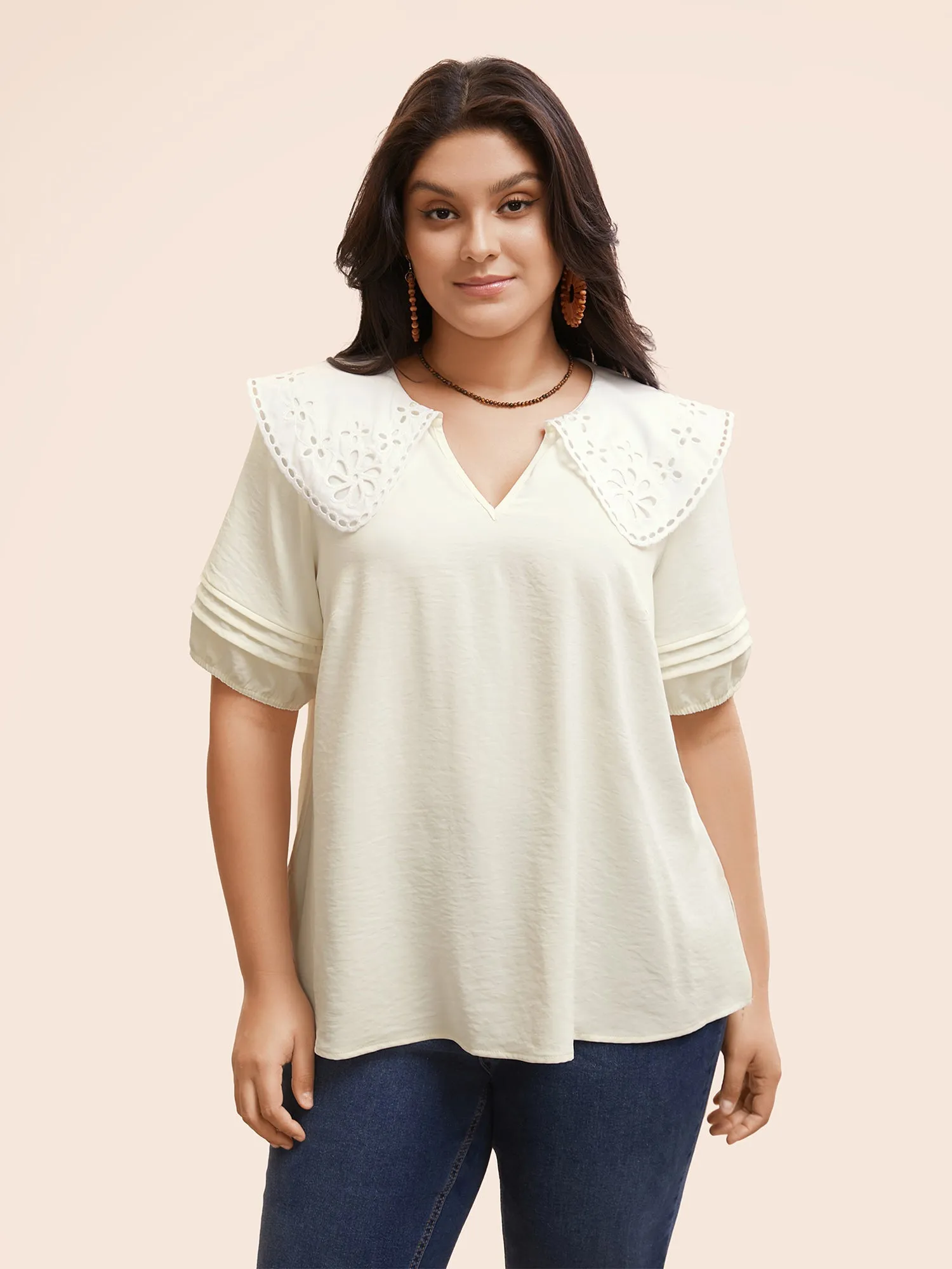 Lace Collar Lantern Sleeve Pleated Blouse sold by Bloomchic product image thumbnail 3