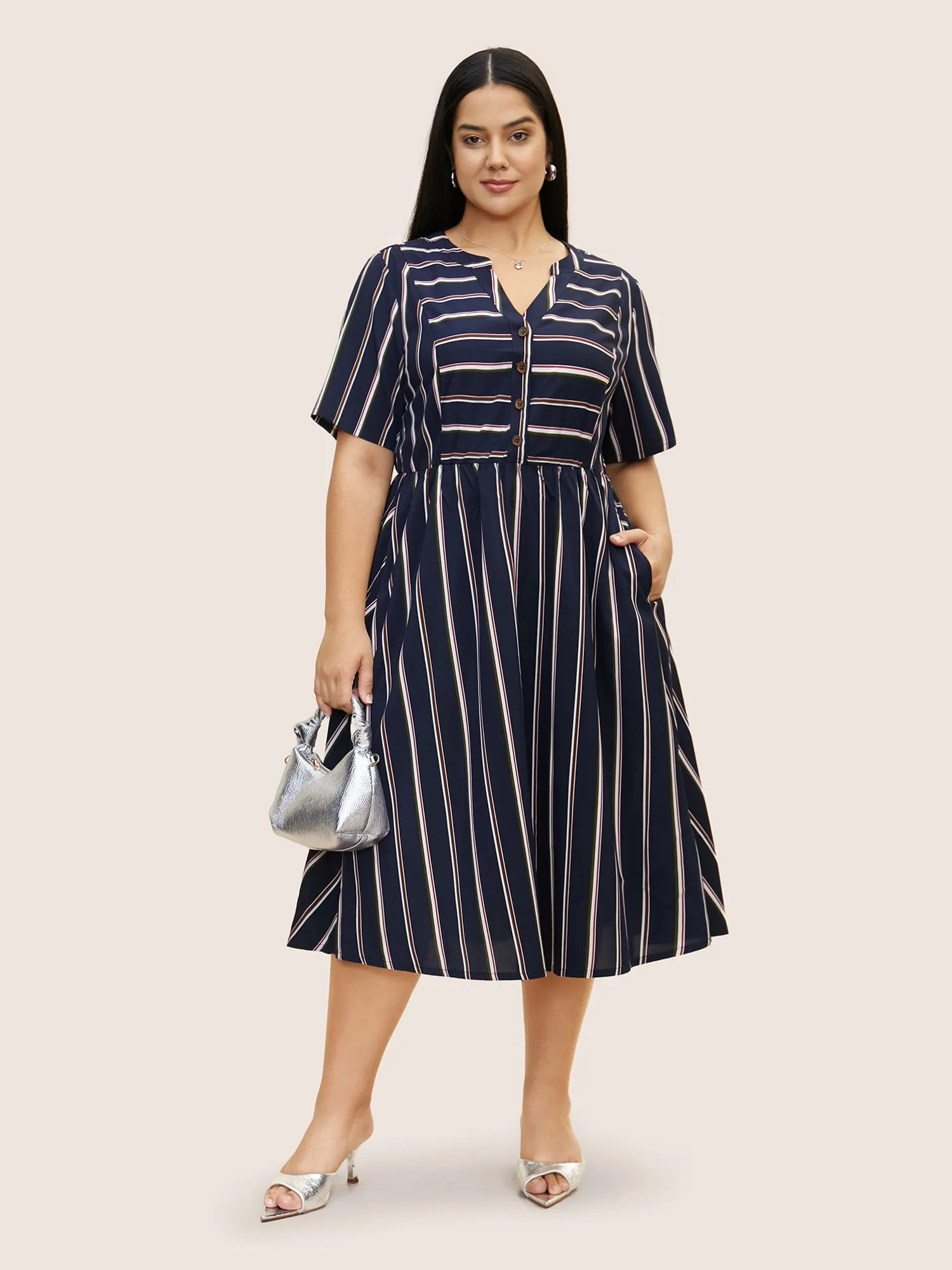 Notched Collar Striped Elastic Waist Midi Dress sold by Bloomchic product image thumbnail 2