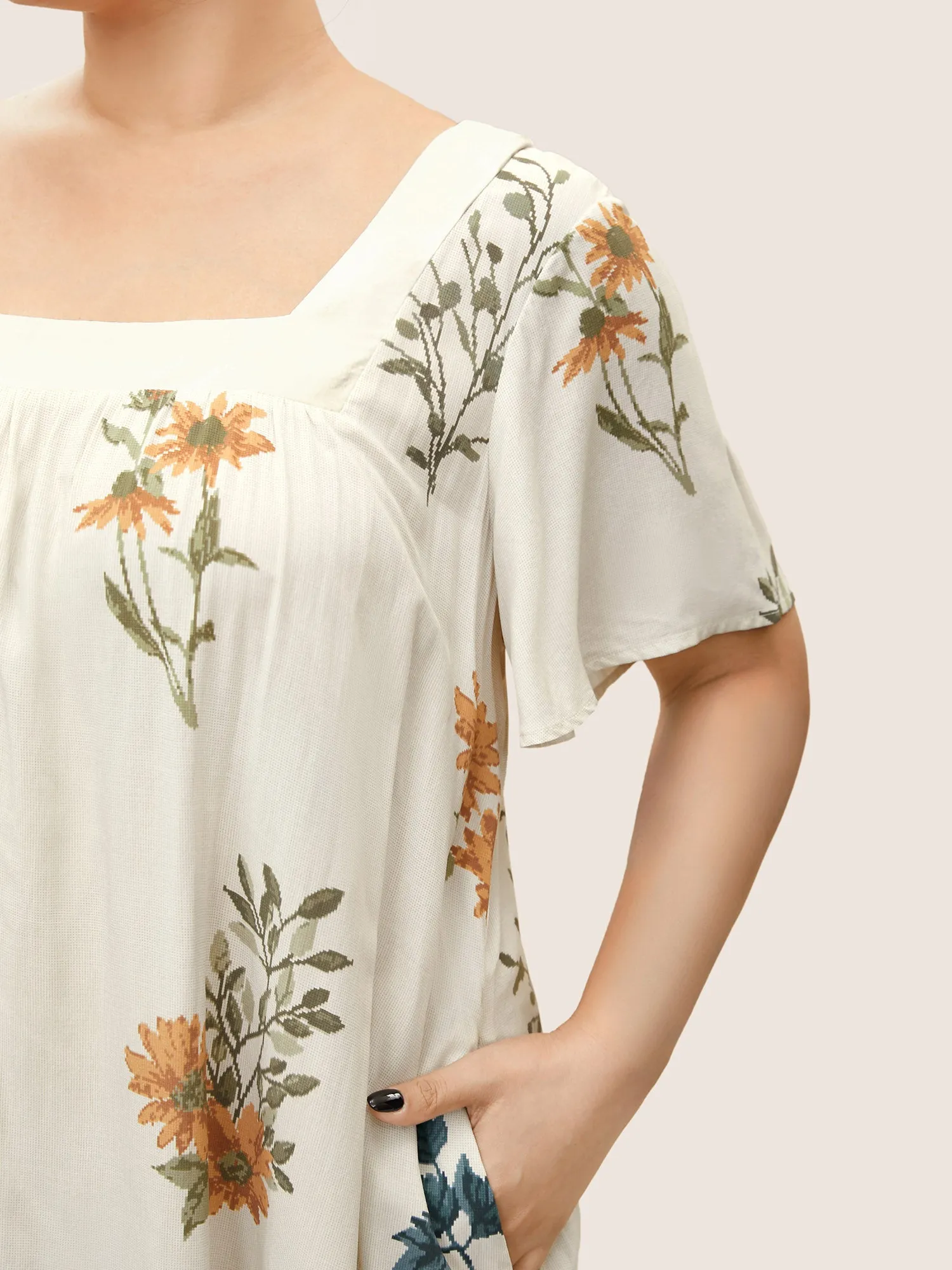 Boho Print Square Neck Ruffle Sleeve Pocket Sleep Dress sold by Bloomchic product image thumbnail 4