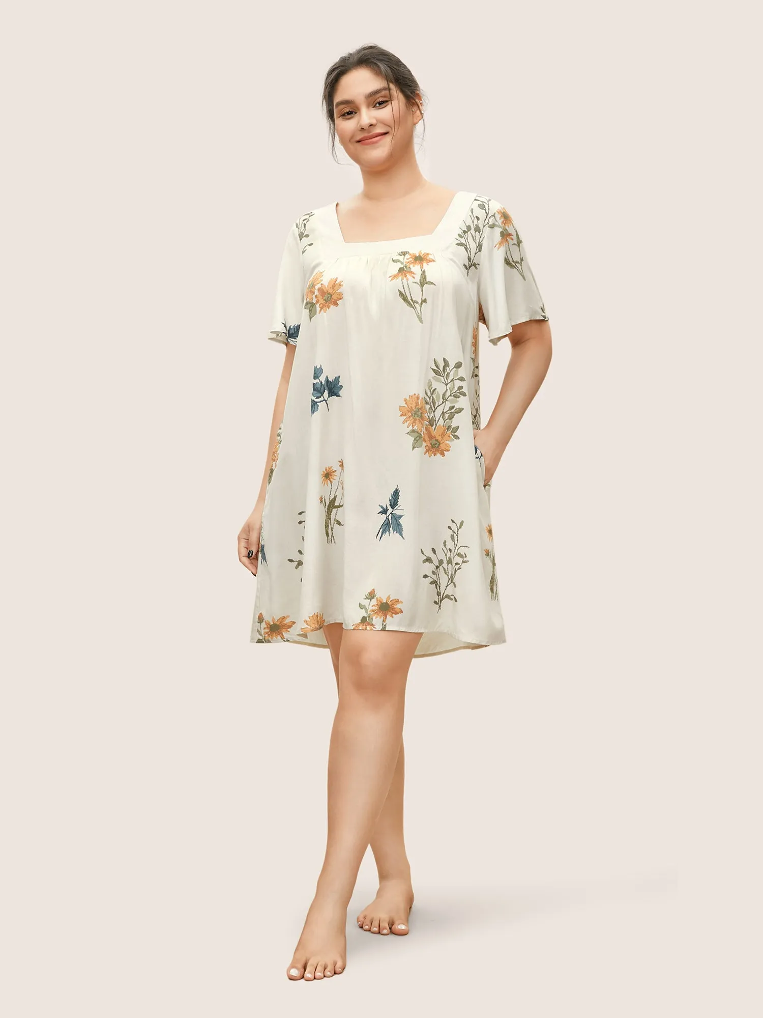 Boho Print Square Neck Ruffle Sleeve Pocket Sleep Dress sold by Bloomchic product image thumbnail 2