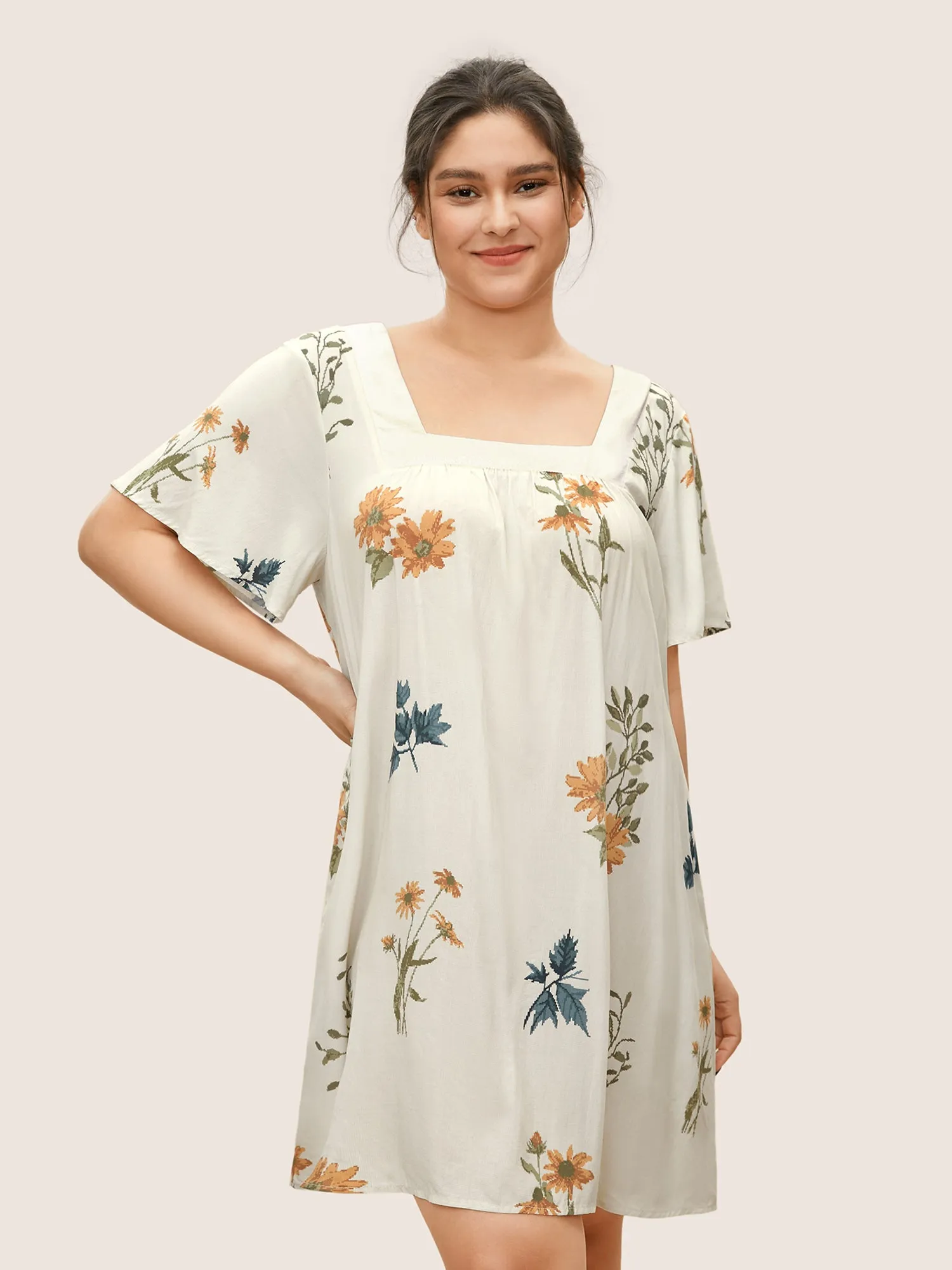 Boho Print Square Neck Ruffle Sleeve Pocket Sleep Dress sold by Bloomchic