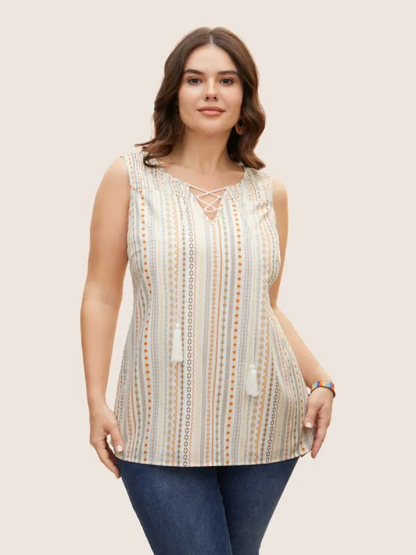 Lace Up Tassel Trim Shirred Tank Top sold by Bloomchic