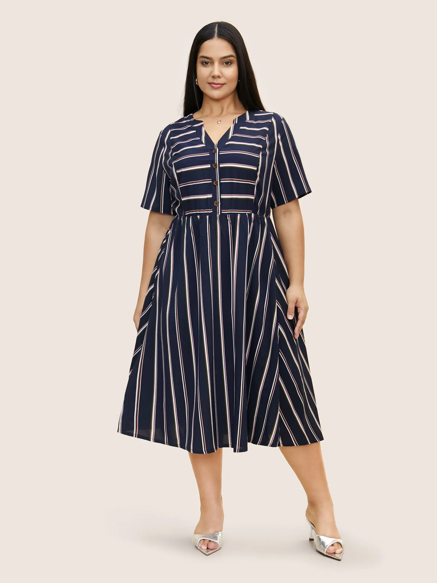 Notched Collar Striped Elastic Waist Midi Dress sold by Bloomchic