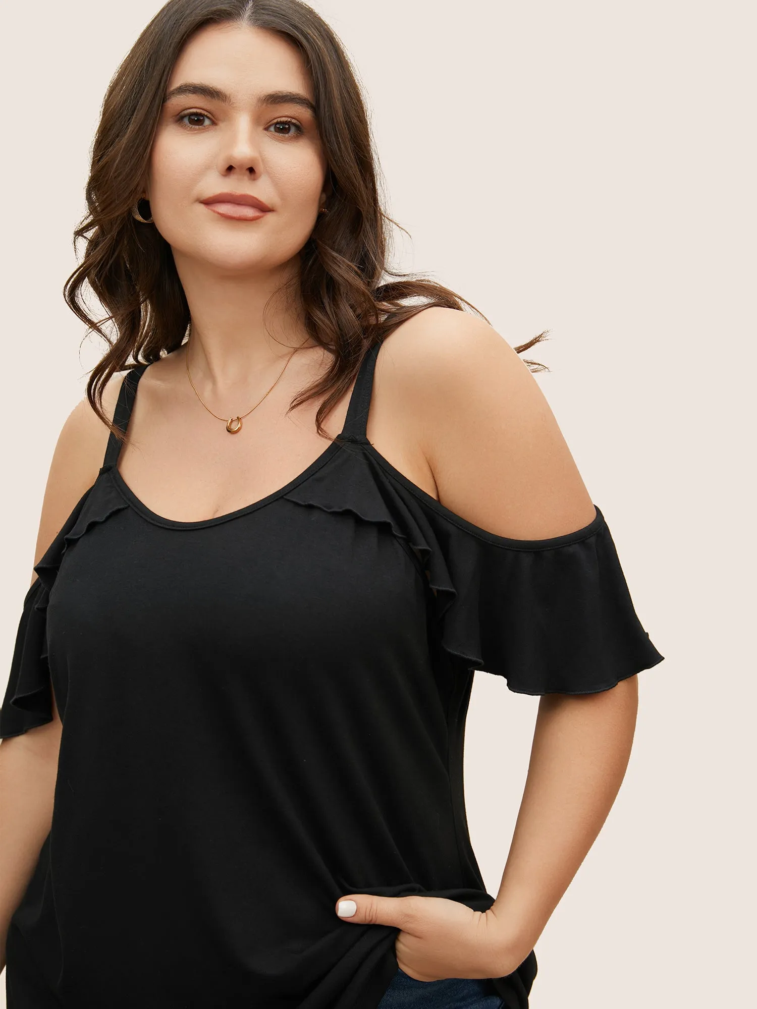 Plain Cold Shoulder Ruffle Trim T-shirt sold by Bloomchic