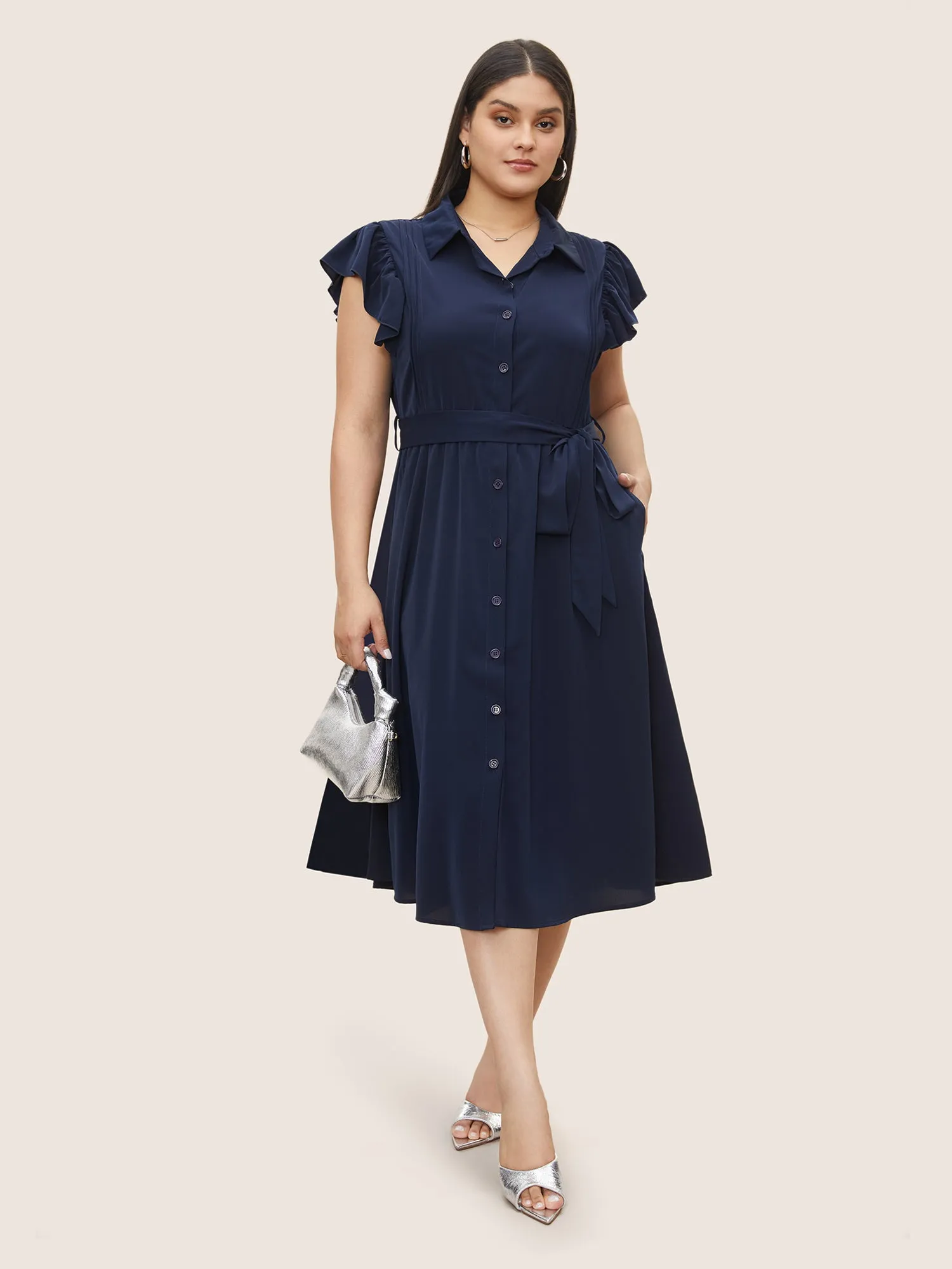 Plain Pleated Button Through Cap Sleeve Dress sold by Bloomchic