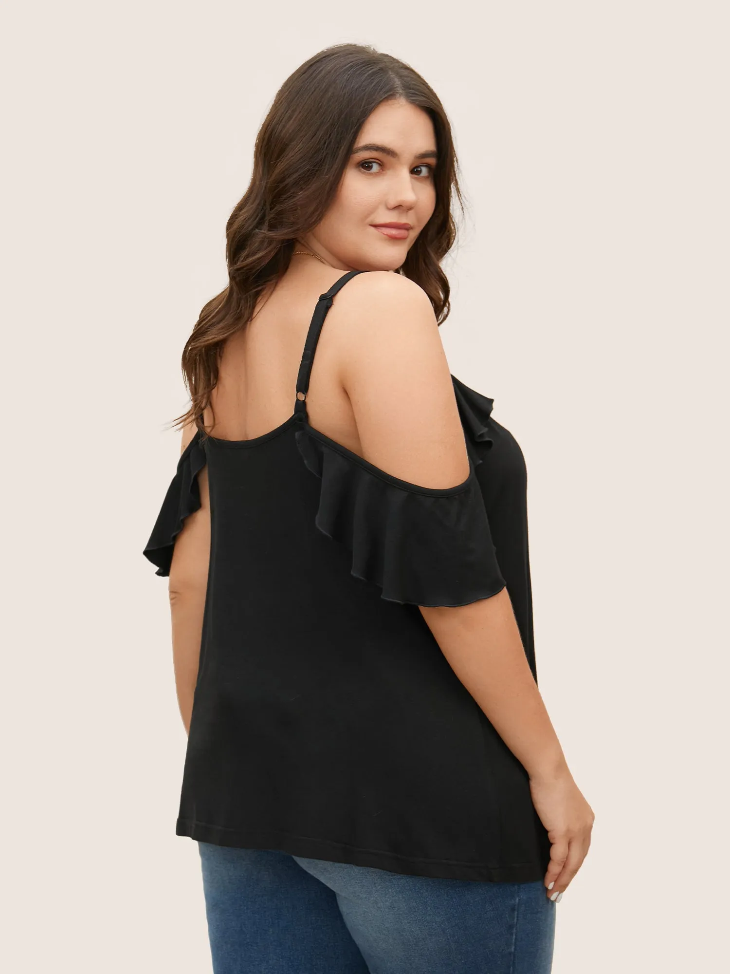 Plain Cold Shoulder Ruffle Trim T-shirt sold by Bloomchic product image thumbnail 4
