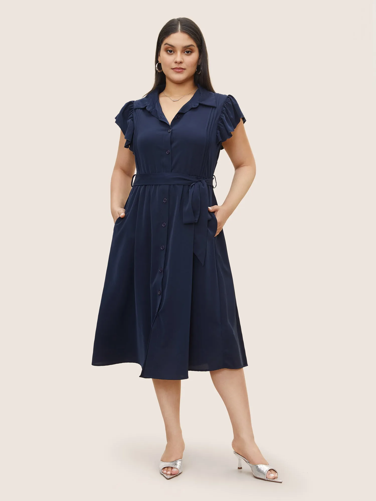 Plain Pleated Button Through Cap Sleeve Dress sold by Bloomchic product image thumbnail 3