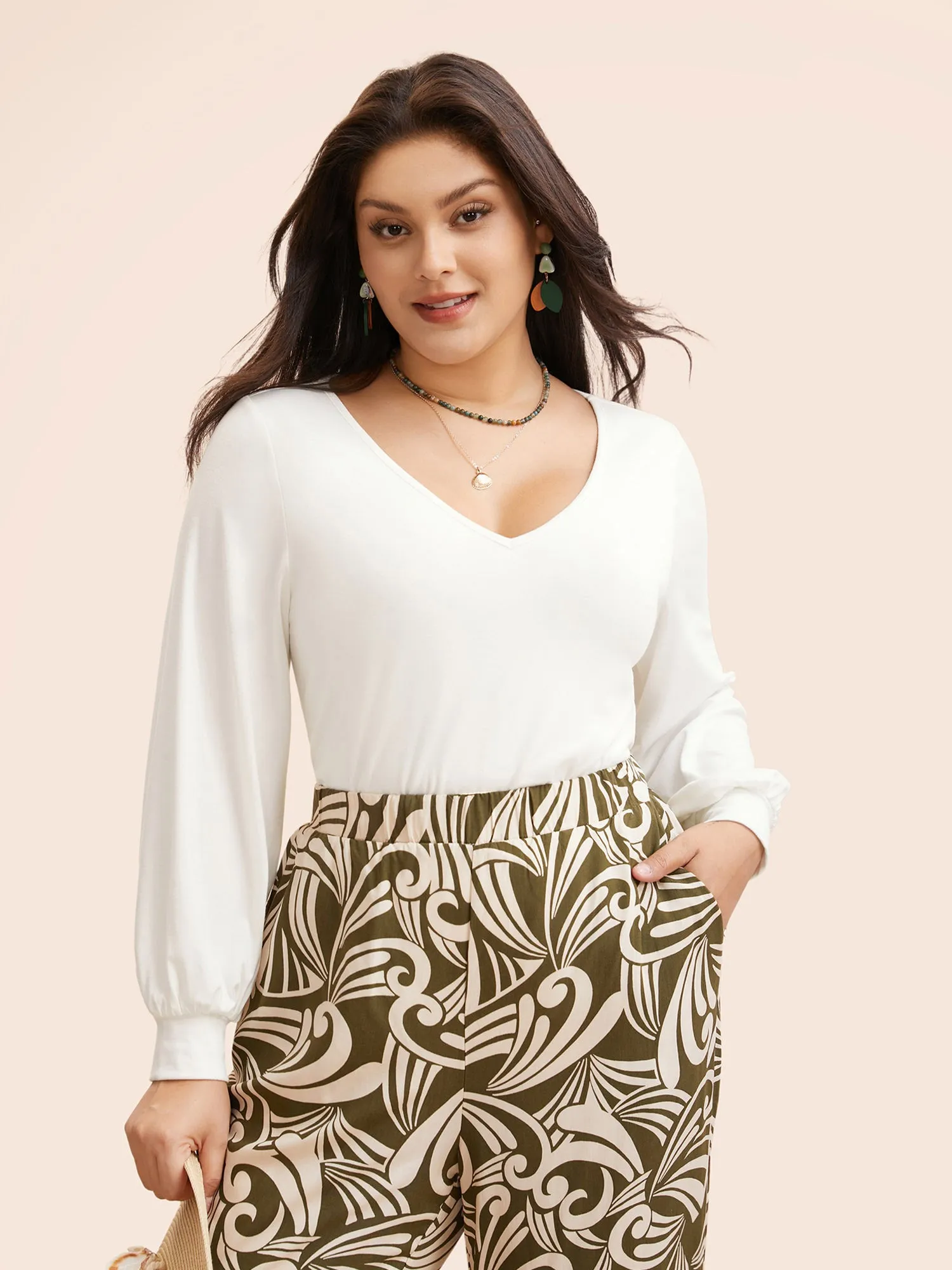 V Neck Lantern Sleeve Stretch T-shirt sold by Bloomchic