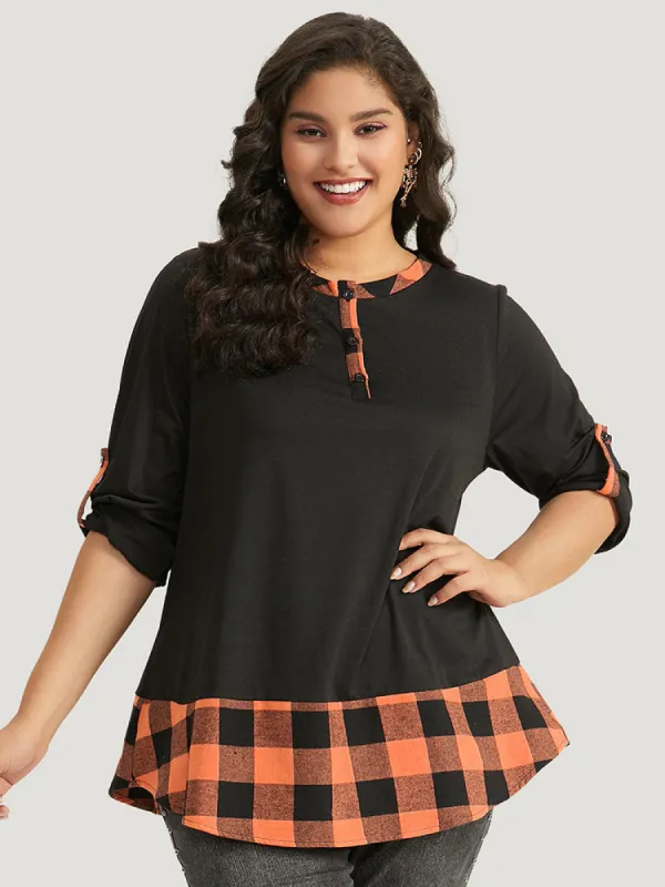 Halloween Gingham Patchwork Notched Button Up Arc Hem T-shirt sold by Bloomchic