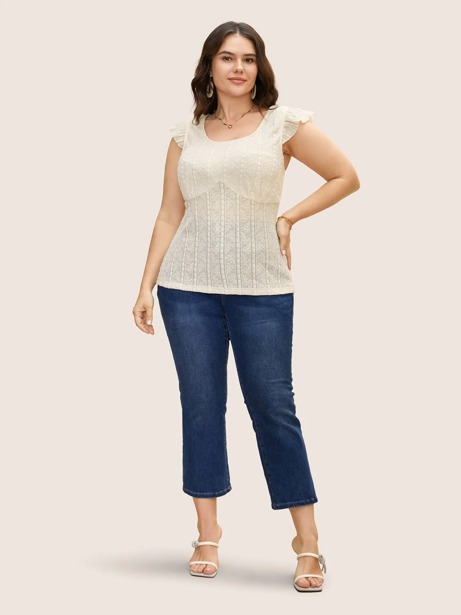 U Neck Lace Panel Ruffle Cap Sleeve T-shirt sold by Bloomchic product image thumbnail 3