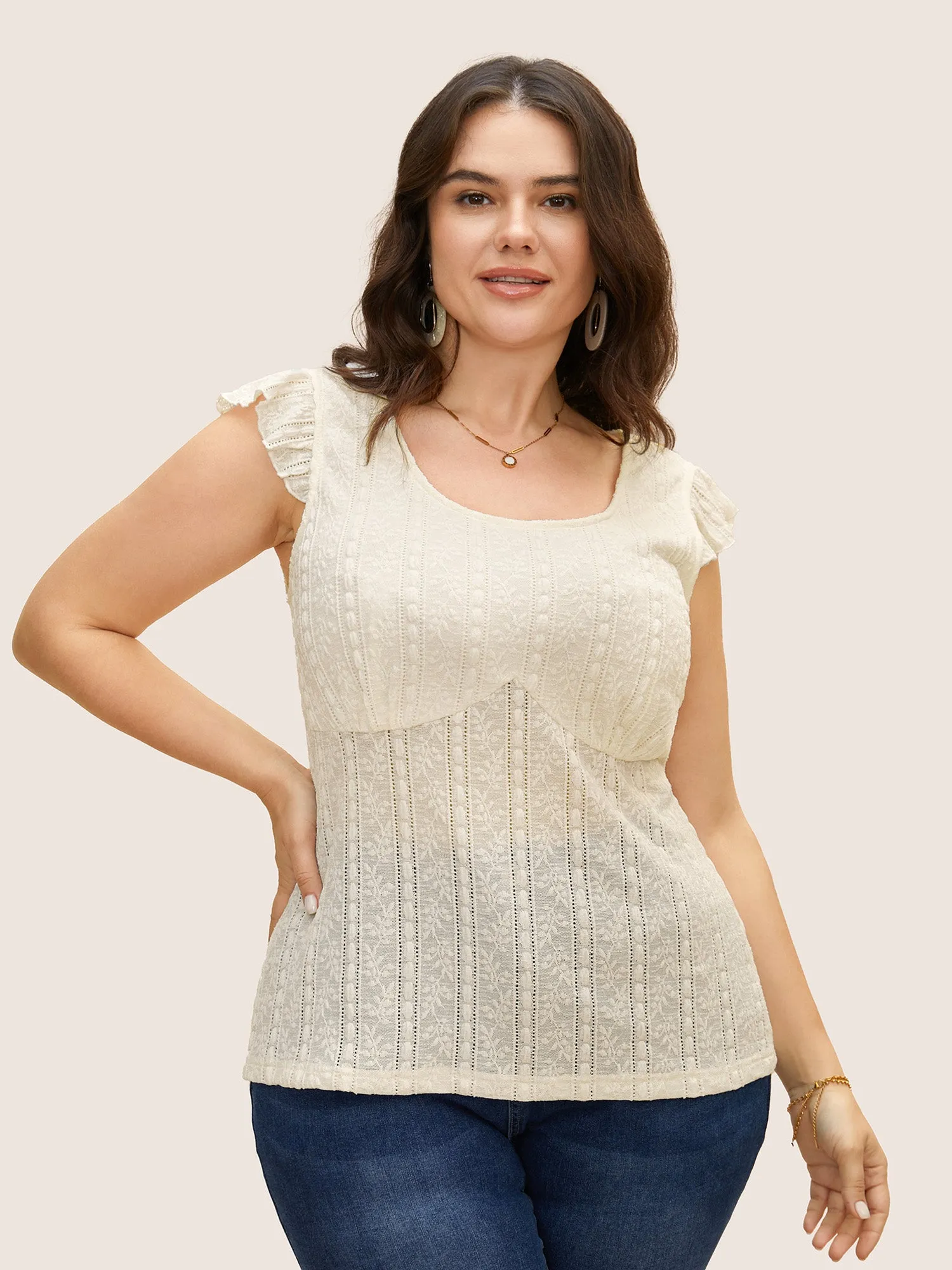 U Neck Lace Panel Ruffle Cap Sleeve T-shirt sold by Bloomchic