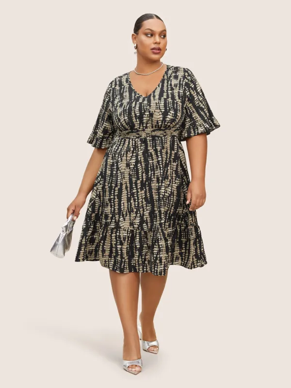 V Neck Geometric Ruffles Shirred Dress sold by Bloomchic