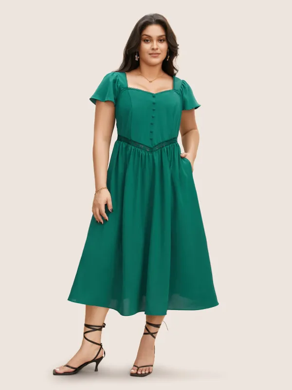 Heart Neckline Solid Button Detail Lace Trim Dress sold by Bloomchic