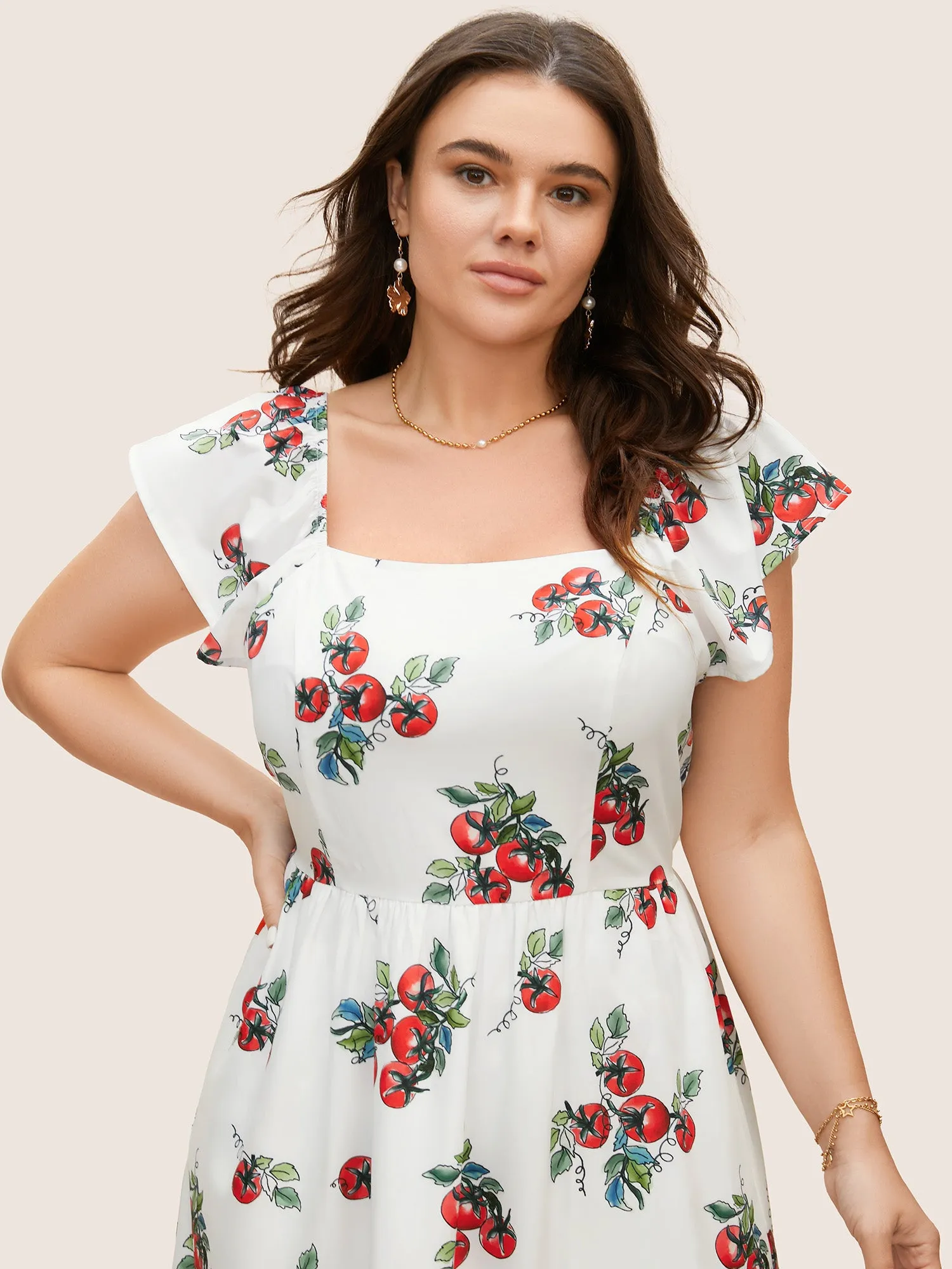 Tomato Print Square Neck Ruffle Cap Sleeve Dress sold by Bloomchic product image thumbnail 4