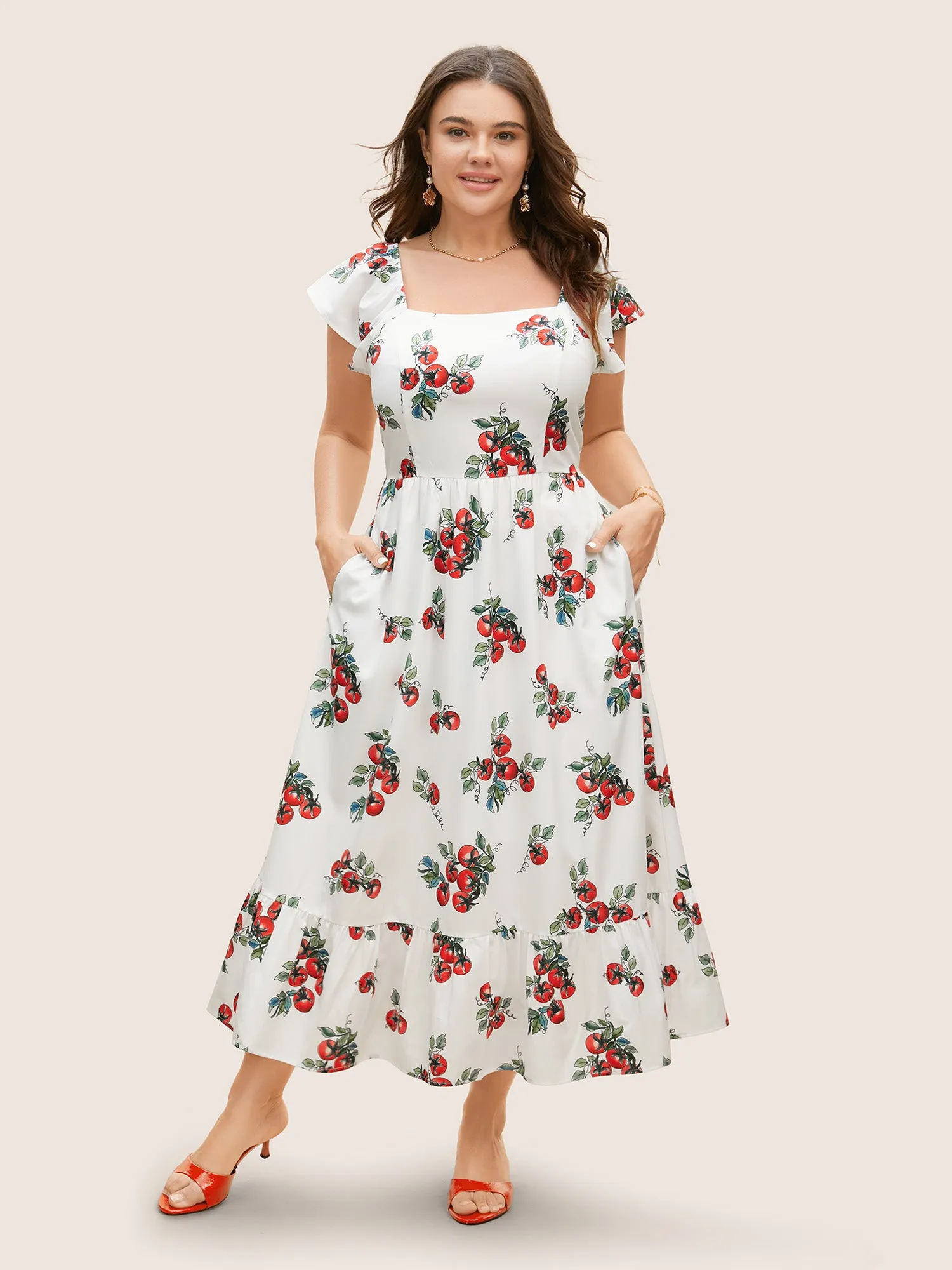 Tomato Print Square Neck Ruffle Cap Sleeve Dress sold by Bloomchic product image thumbnail 2