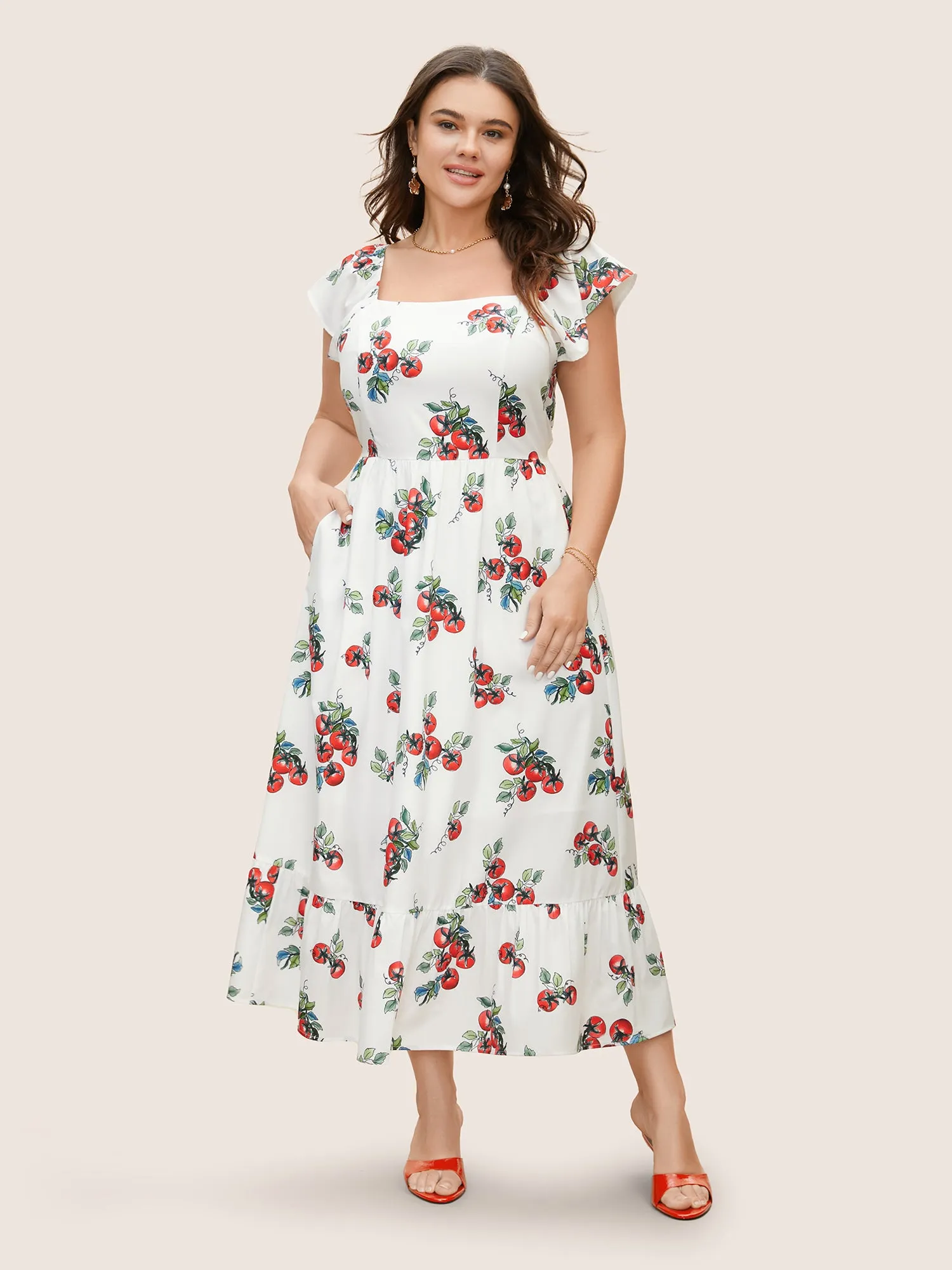 Tomato Print Square Neck Ruffle Cap Sleeve Dress sold by Bloomchic