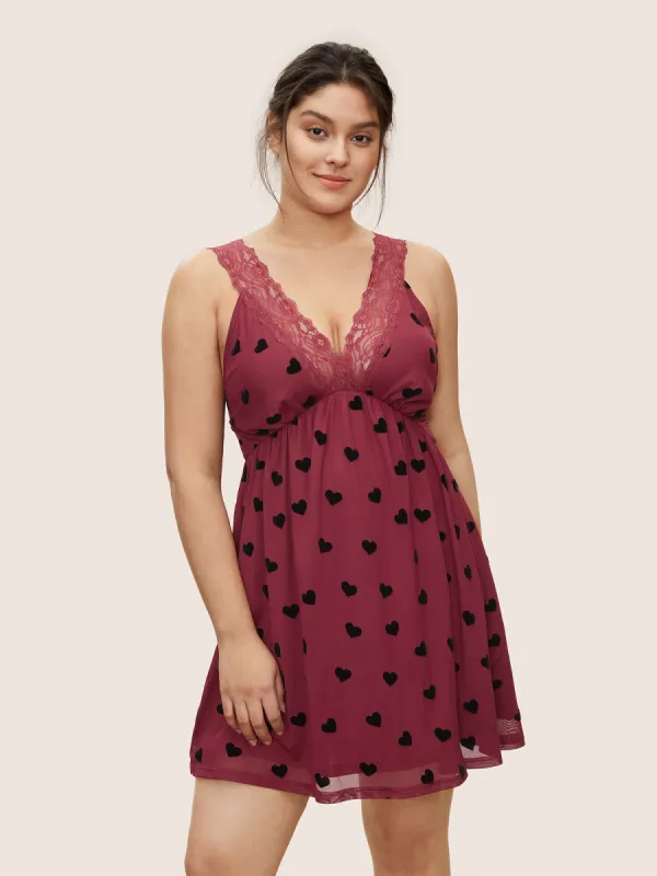 Heart Lace Panel Mesh Deep V Neck Sleep Dress sold by Bloomchic