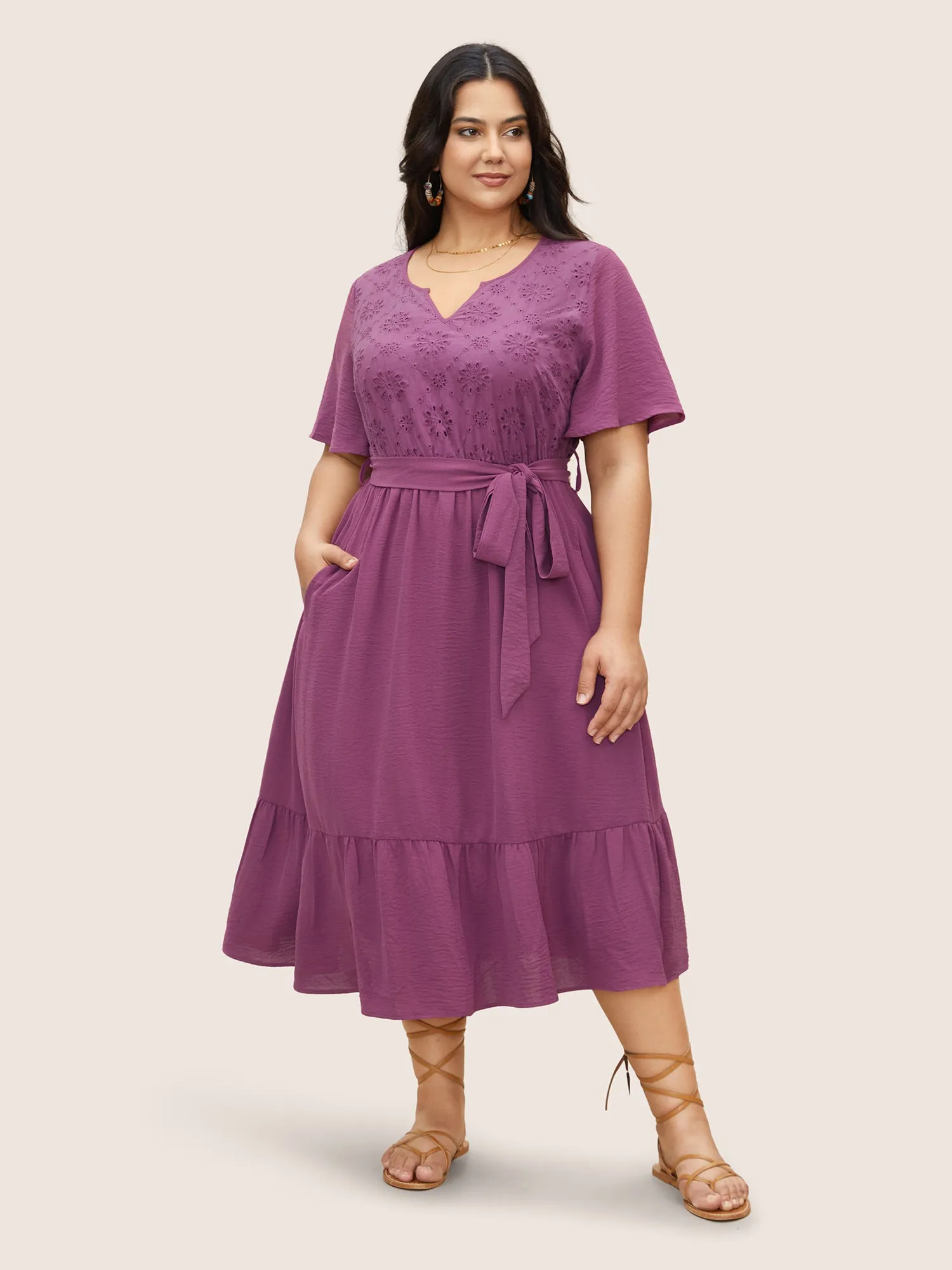 Solid Notched Broderie Anglaise Pocket Dress sold by Bloomchic product image thumbnail 2