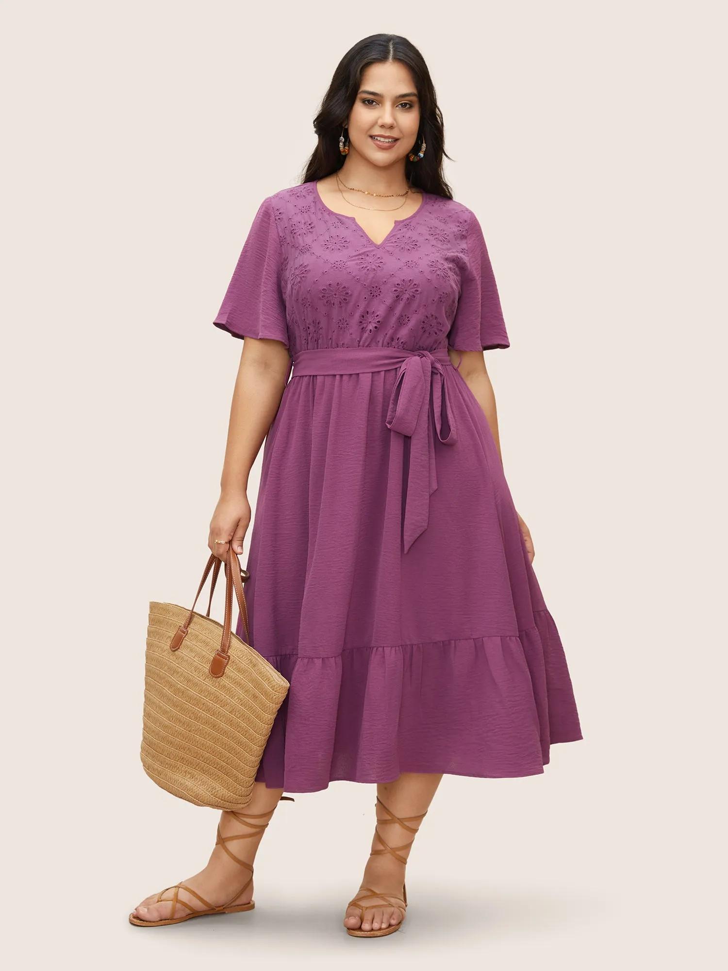 Solid Notched Broderie Anglaise Pocket Dress sold by Bloomchic