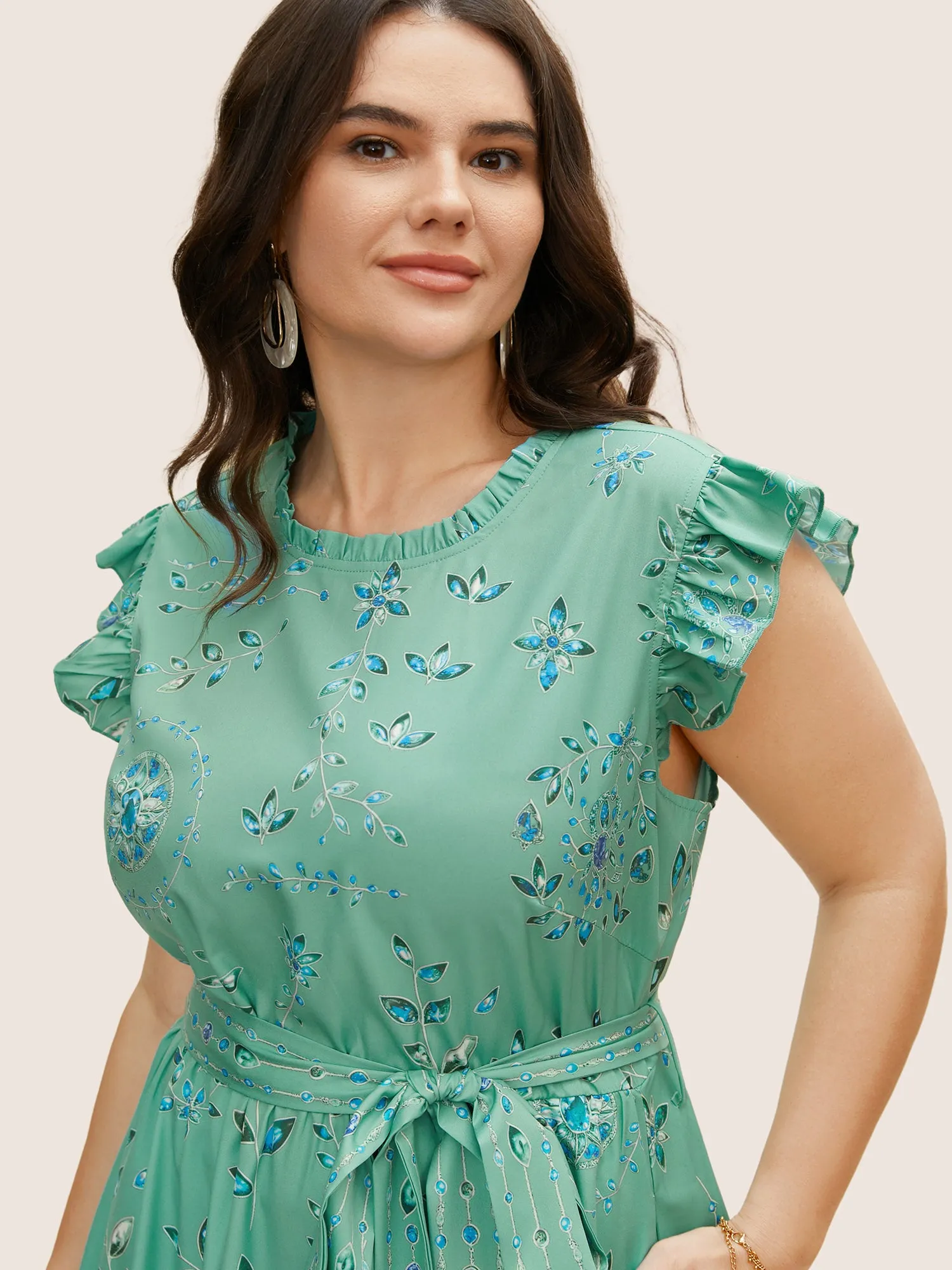 Mock Neck Floral Ruffle Cap Sleeve Dress sold by Bloomchic product image thumbnail 4