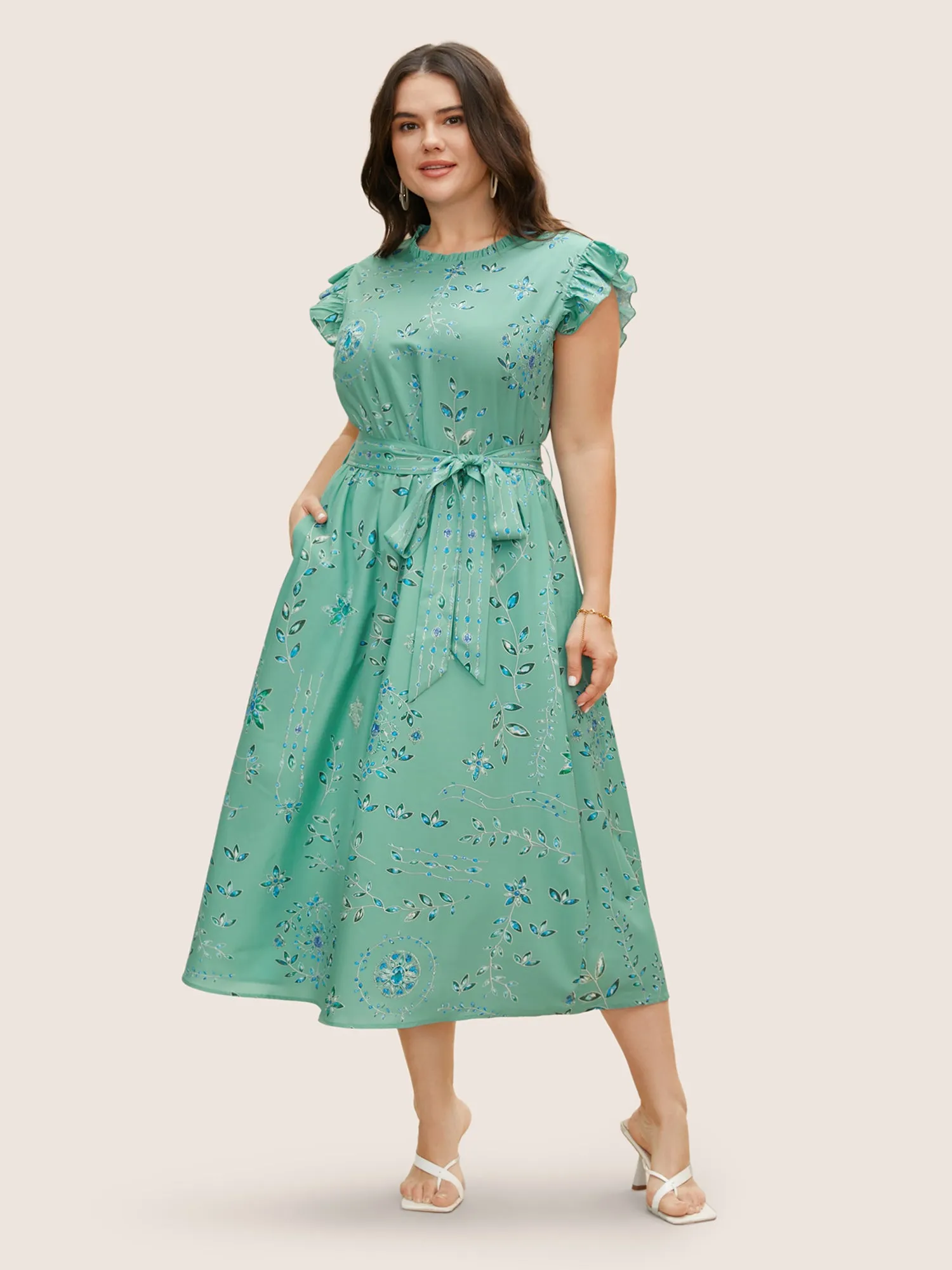 Mock Neck Floral Ruffle Cap Sleeve Dress sold by Bloomchic product image thumbnail 3