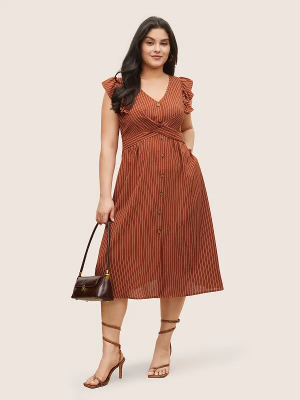 Striped Ruffle Cap Sleeve Button Detail Dress sold by Bloomchic