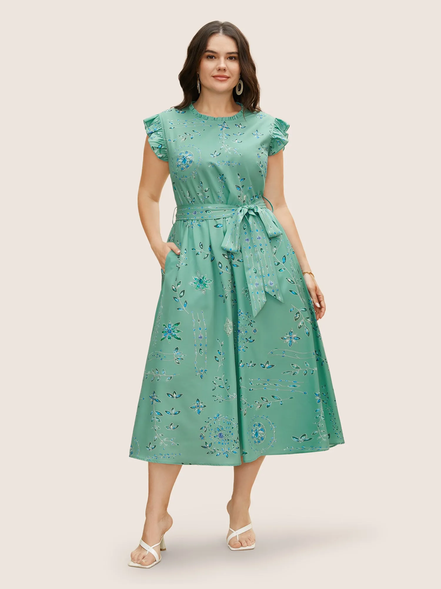 Mock Neck Floral Ruffle Cap Sleeve Dress sold by Bloomchic