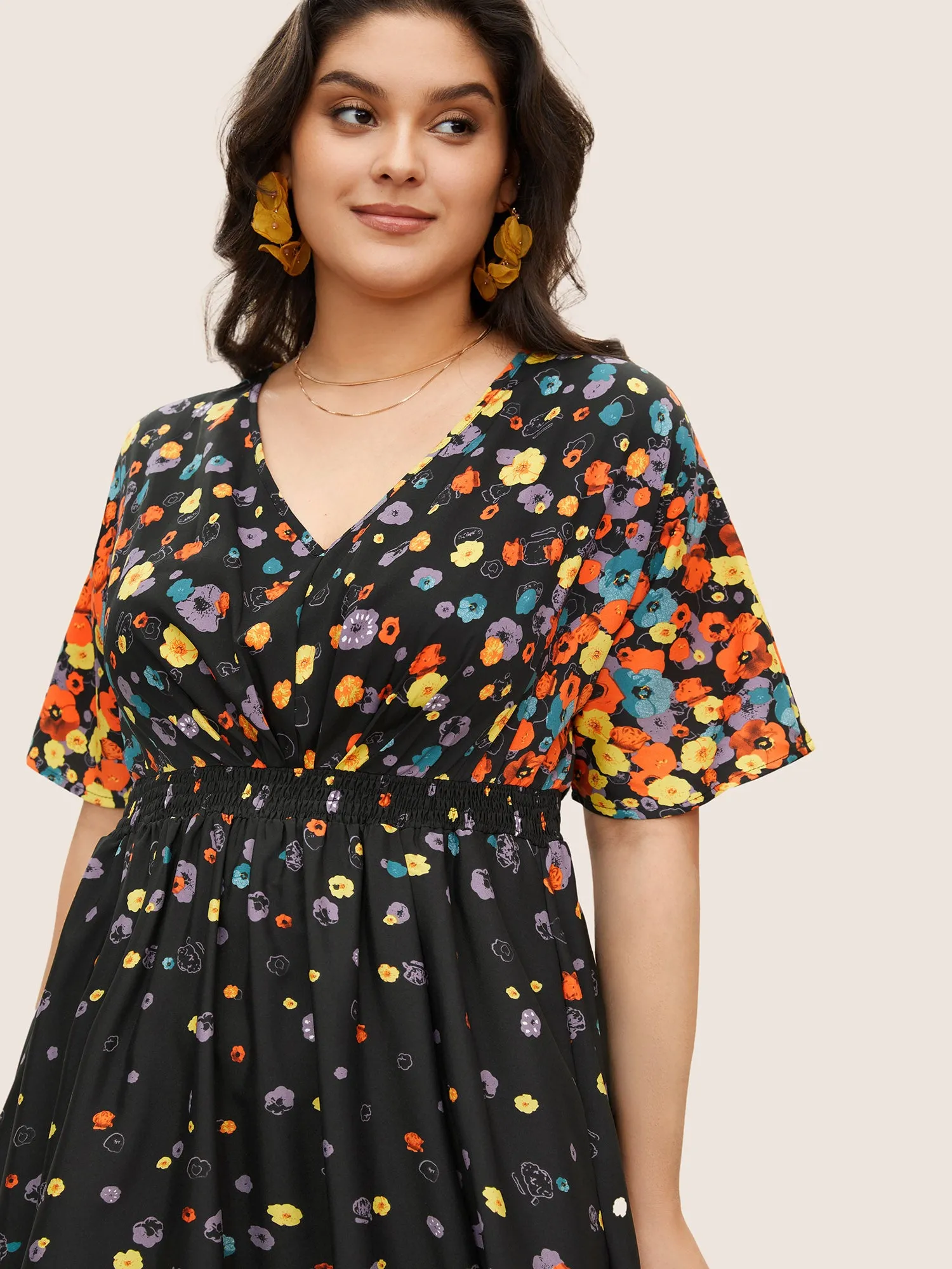 Floral Printed Pocket V Neck Shirred Split Hem Dress sold by Bloomchic product image thumbnail 2