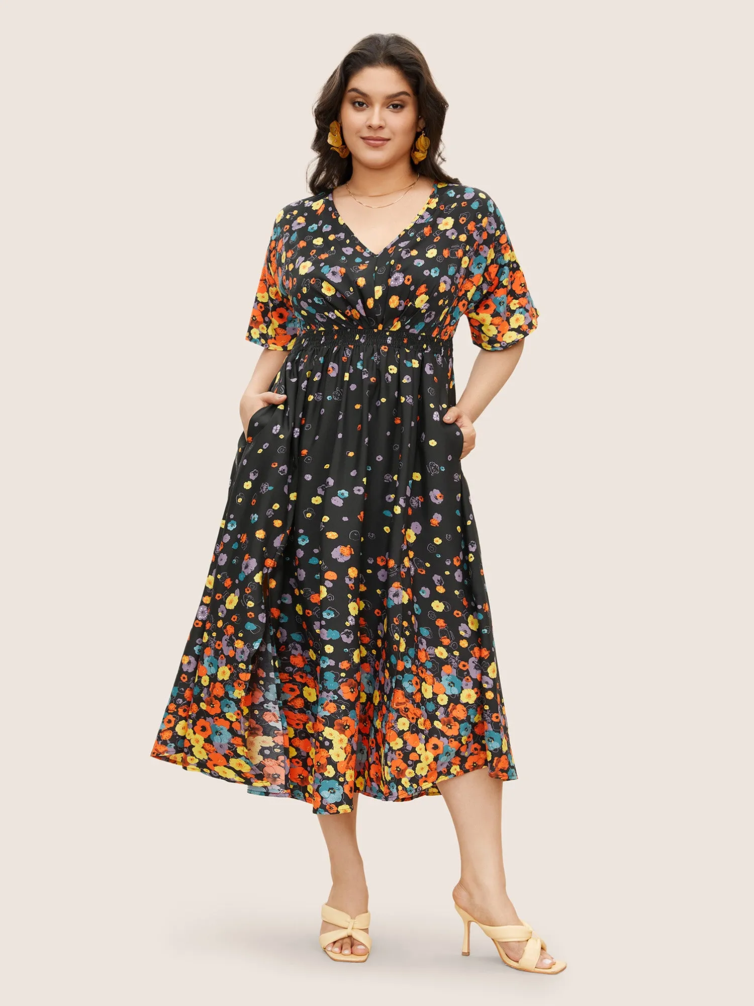 Floral Printed Pocket V Neck Shirred Split Hem Dress sold by Bloomchic product image thumbnail 3