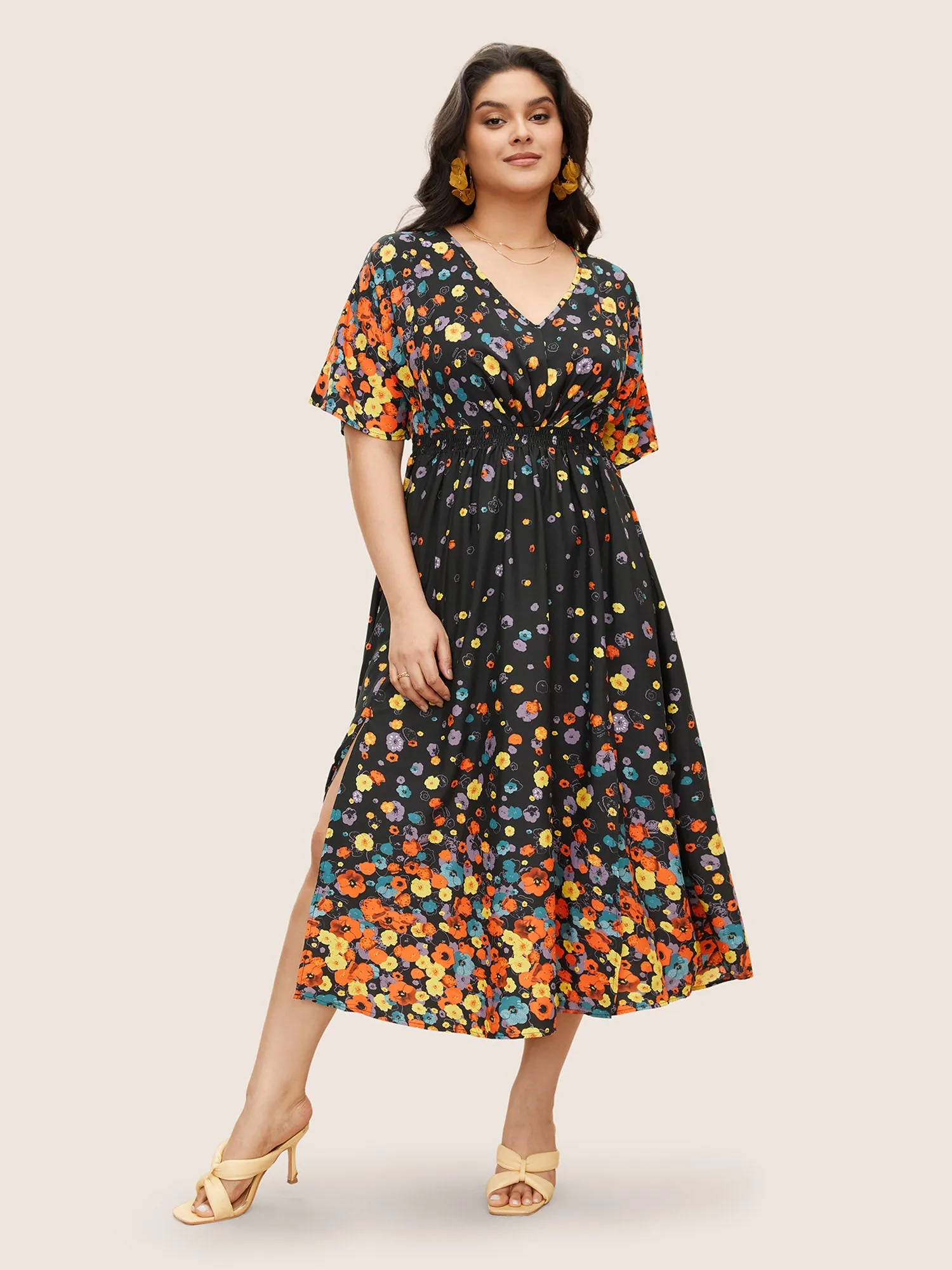 Floral Printed Pocket V Neck Shirred Split Hem Dress sold by Bloomchic