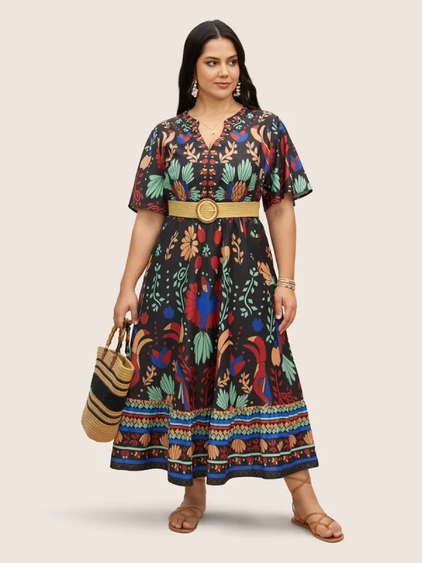 Bandana Print Shirred Elastic Waist Flutter Sleeve Dress sold by Bloomchic