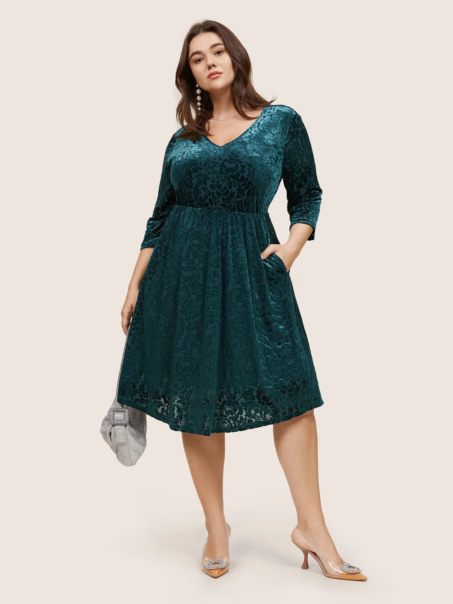 Plain Texture Floral Velvet Pocket Dress sold by Bloomchic