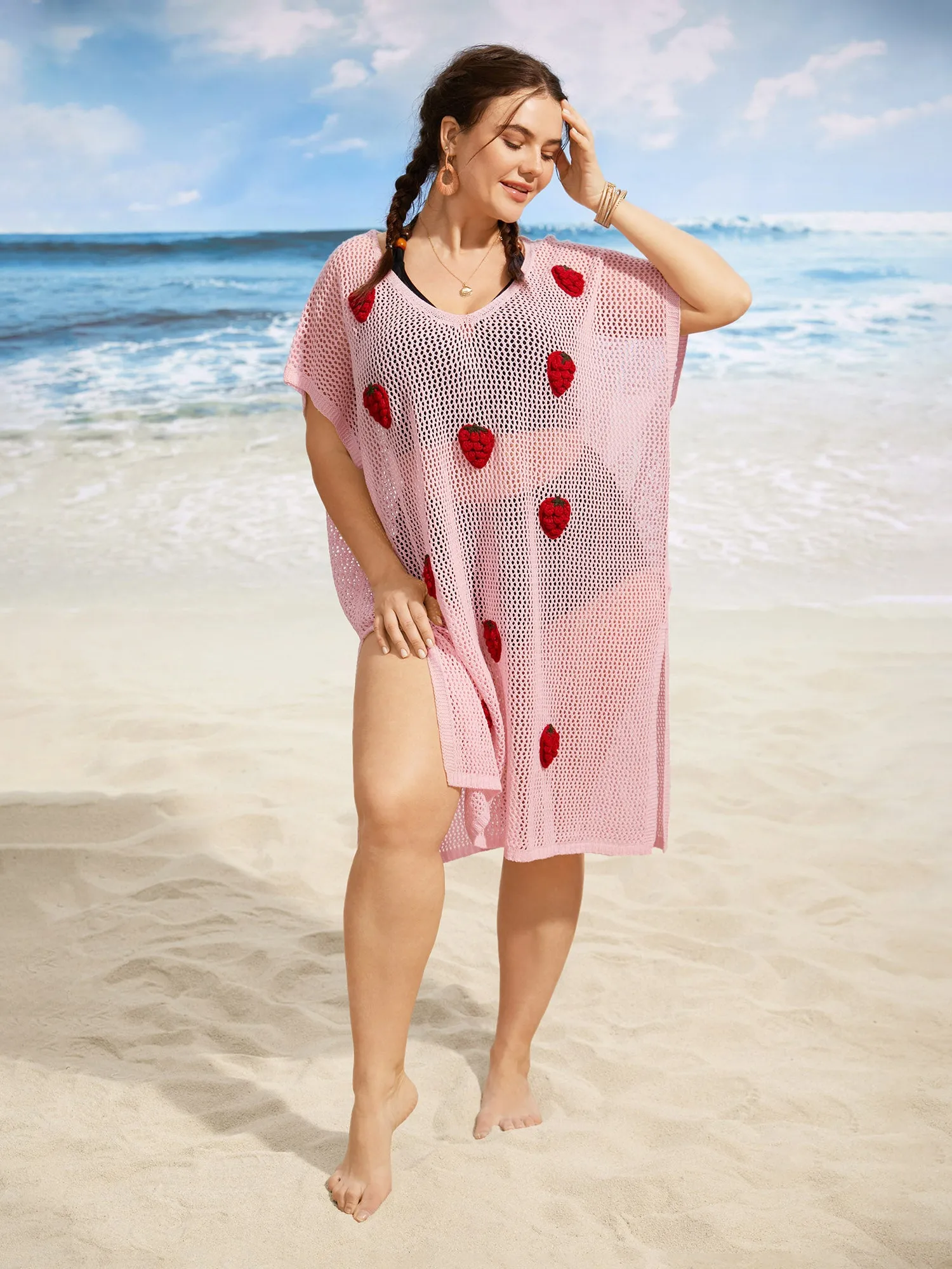 Stereo Strawberry Design Dolman Sleeve Swim Cover Up sold by Bloomchic product image thumbnail 3