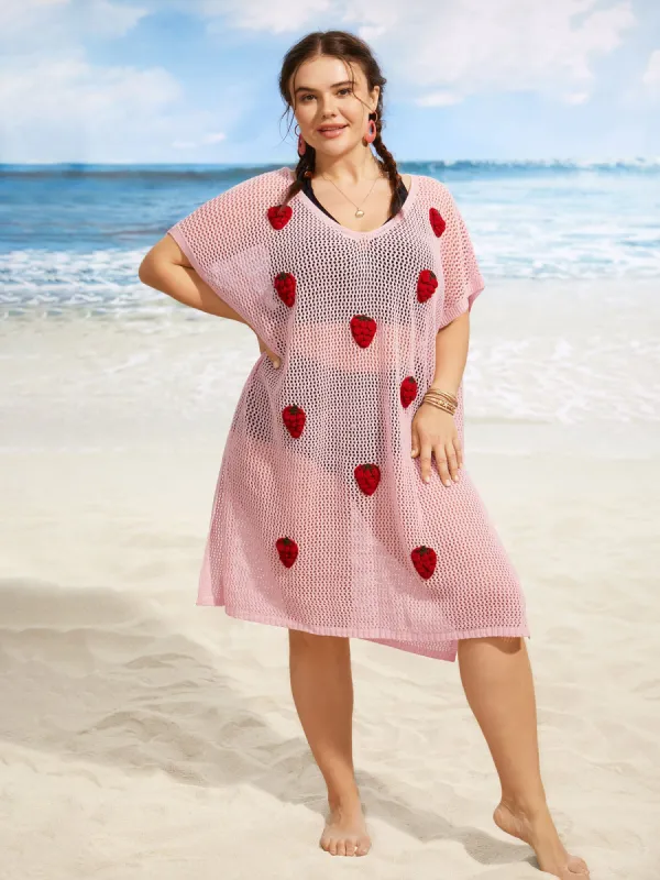Stereo Strawberry Design Dolman Sleeve Swim Cover Up sold by Bloomchic