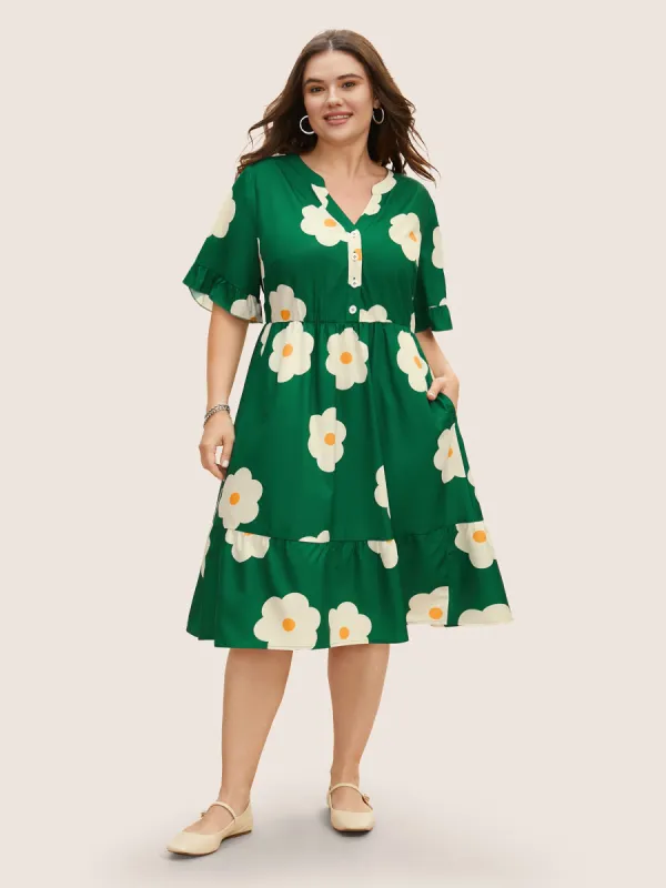 Notched Collar Floral Button Up Ruffles Dress sold by Bloomchic