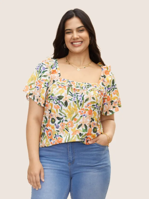 Square Neck Watercolor Floral Ruffles Blouse sold by Bloomchic
