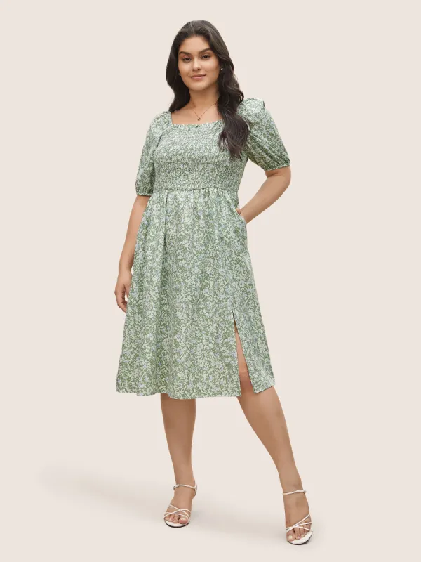 Ditsy Floral Shirred Elastic Waist Split Hem Dress sold by Bloomchic