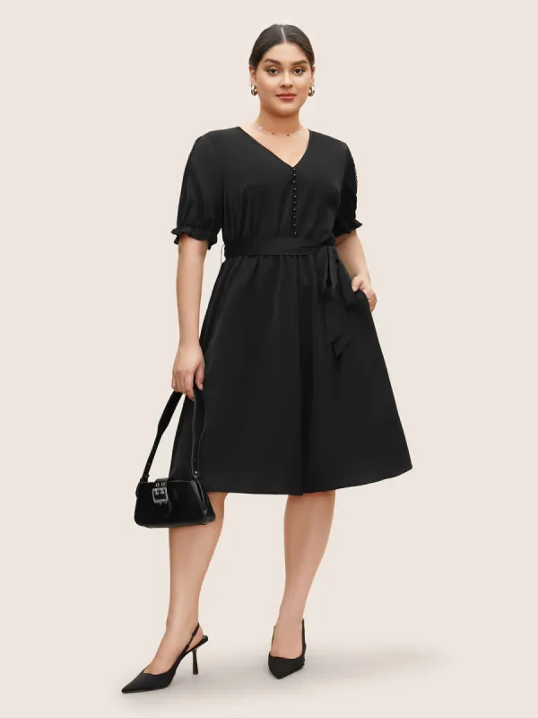 Solid Lace Panel Frill Trim Belted Dress sold by Bloomchic