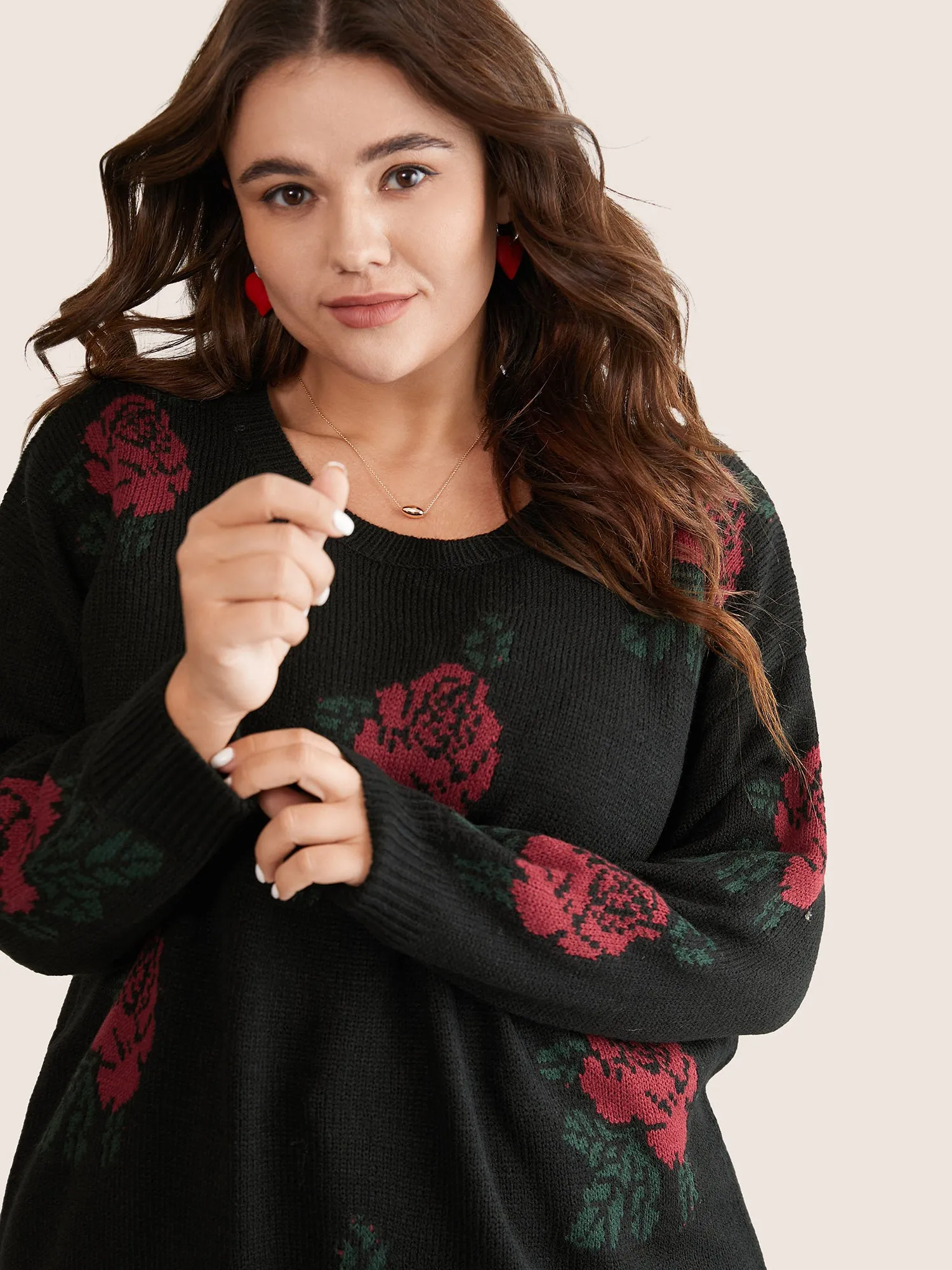 Rose Jacquard Crew Neck Drop Shoulder Pullover sold by Bloomchic product image thumbnail 4