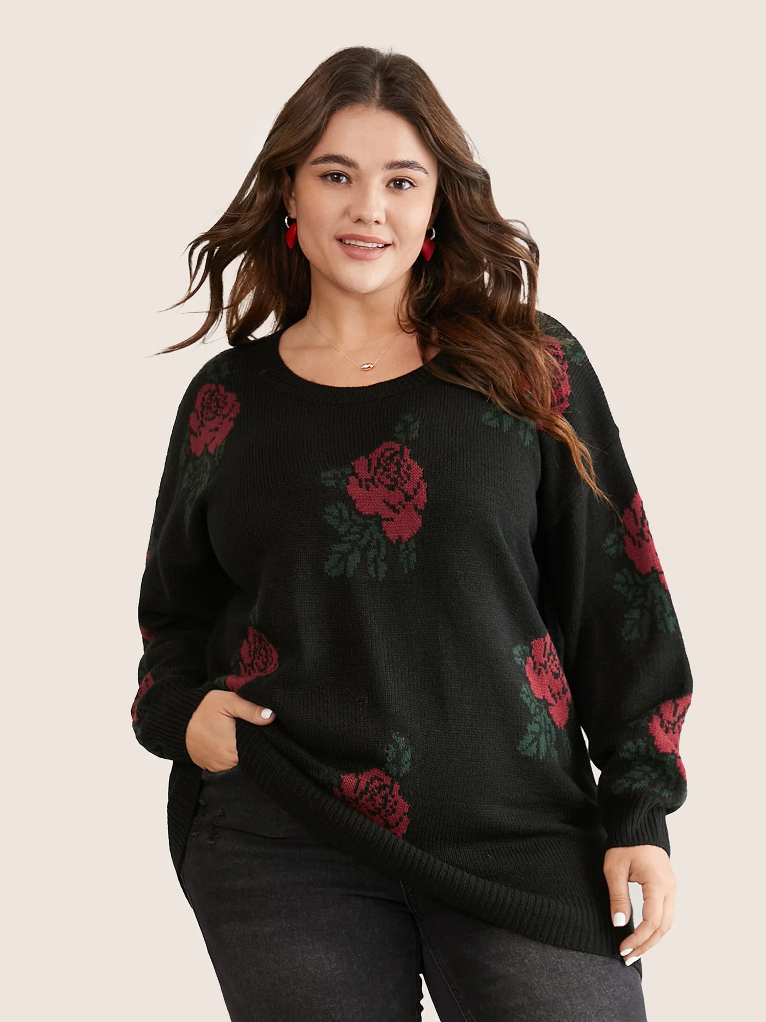 Rose Jacquard Crew Neck Drop Shoulder Pullover sold by Bloomchic