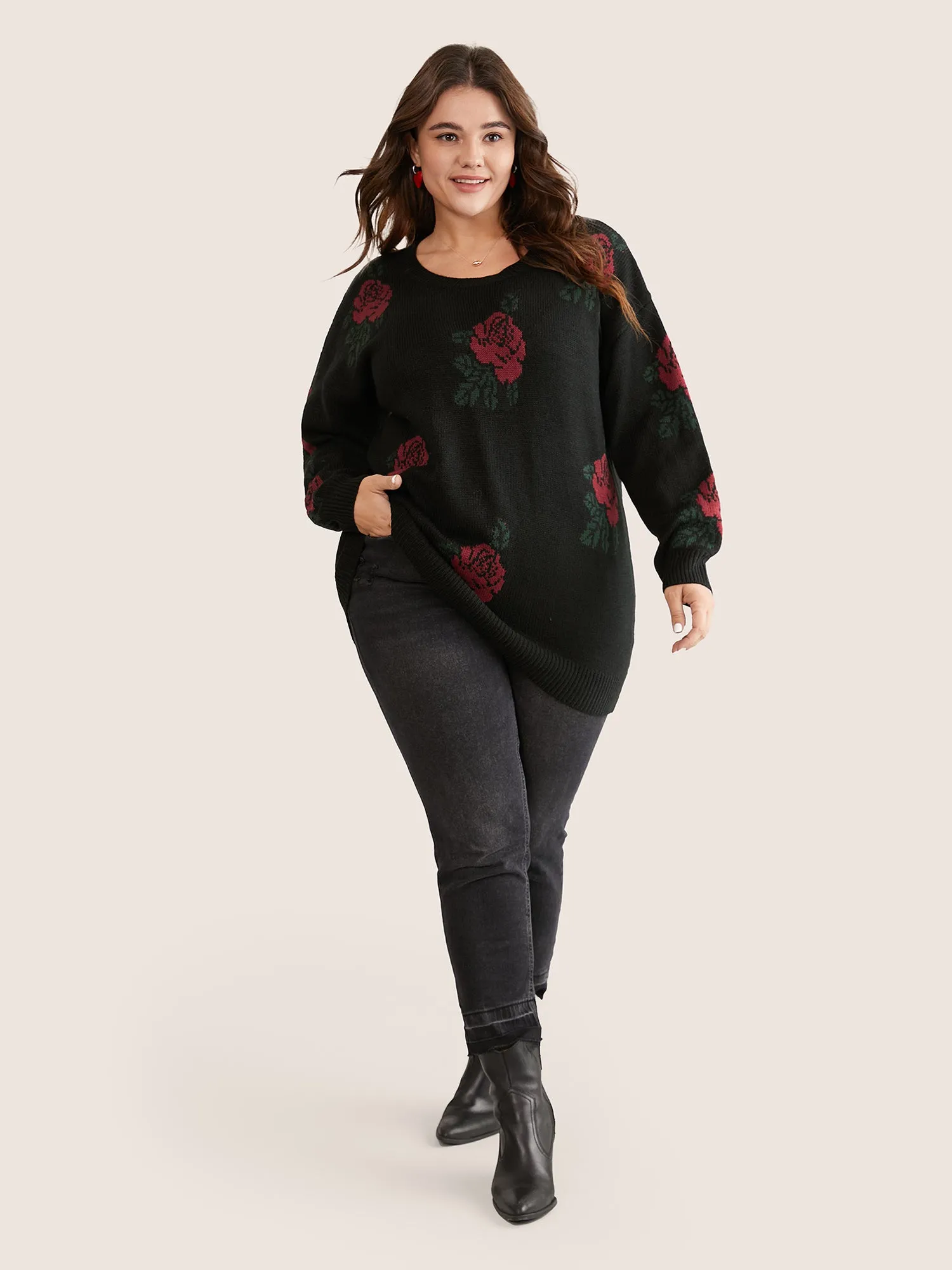 Rose Jacquard Crew Neck Drop Shoulder Pullover sold by Bloomchic product image thumbnail 3