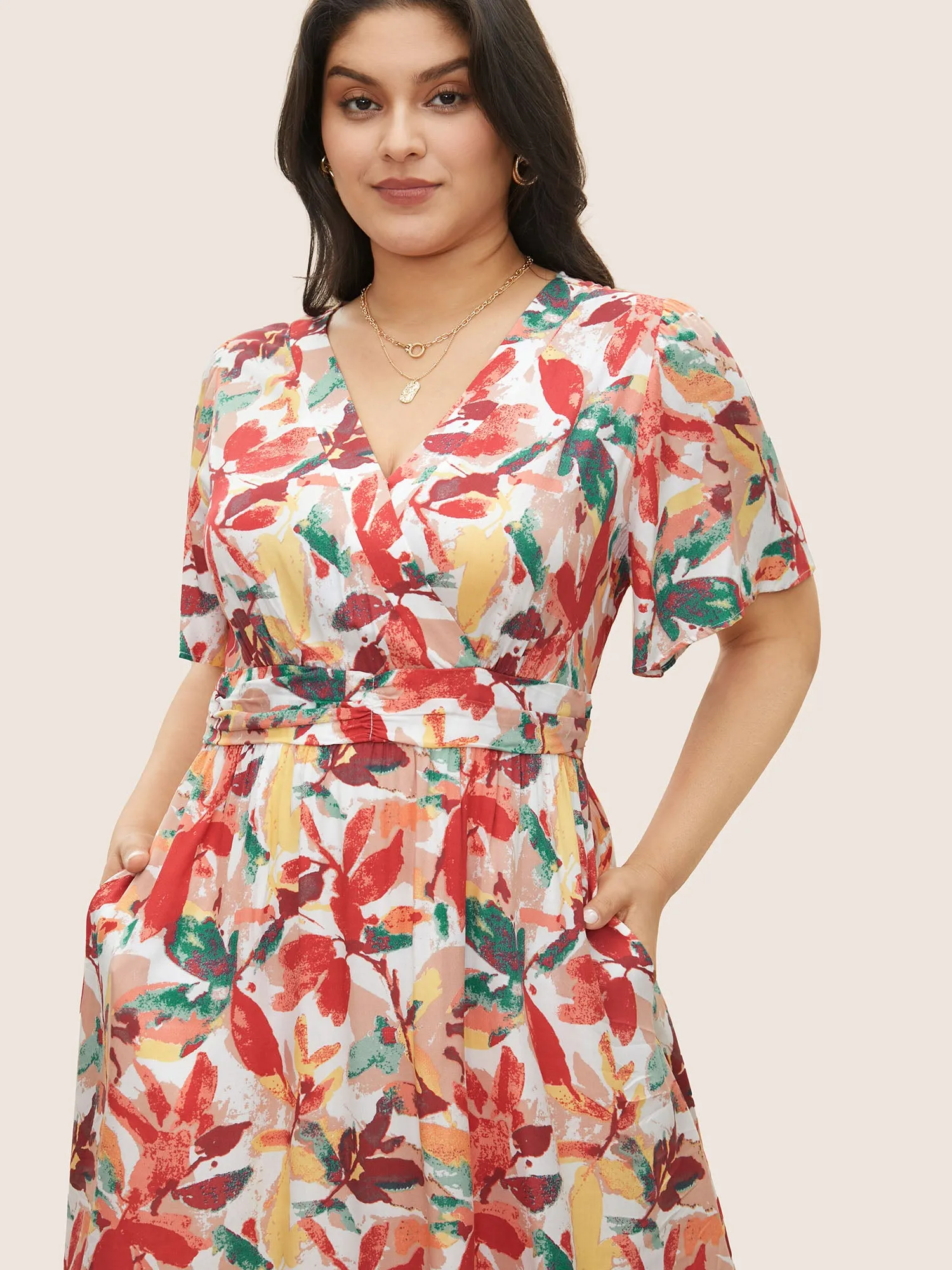 Watercolor Floral Print V Neck Ruched Dress sold by Bloomchic product image thumbnail 4