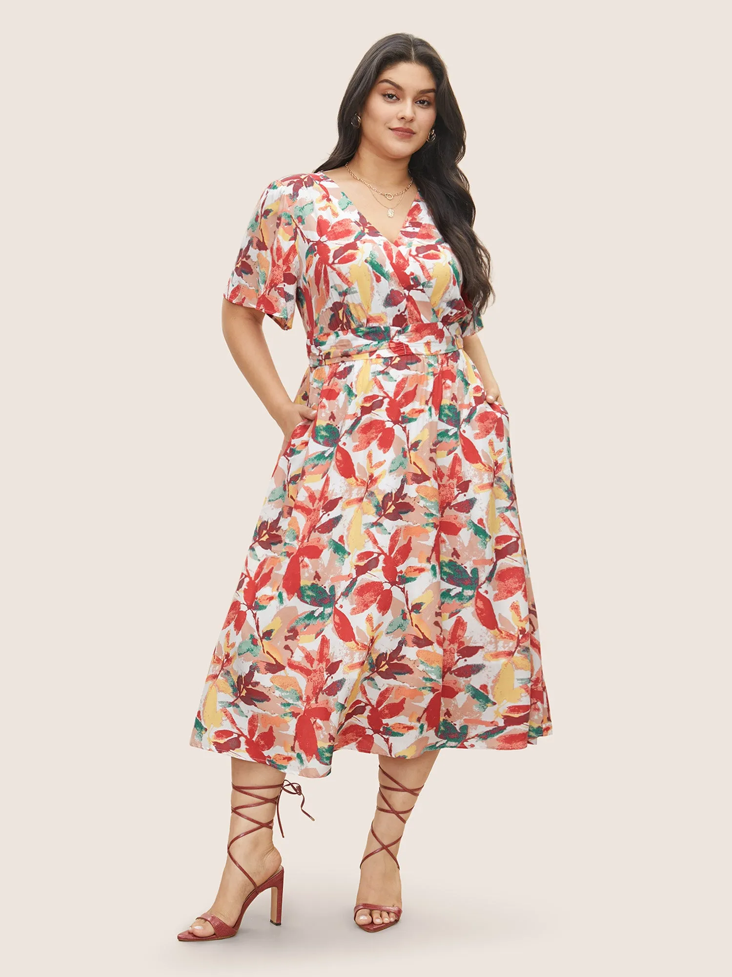 Watercolor Floral Print V Neck Ruched Dress sold by Bloomchic product image thumbnail 2