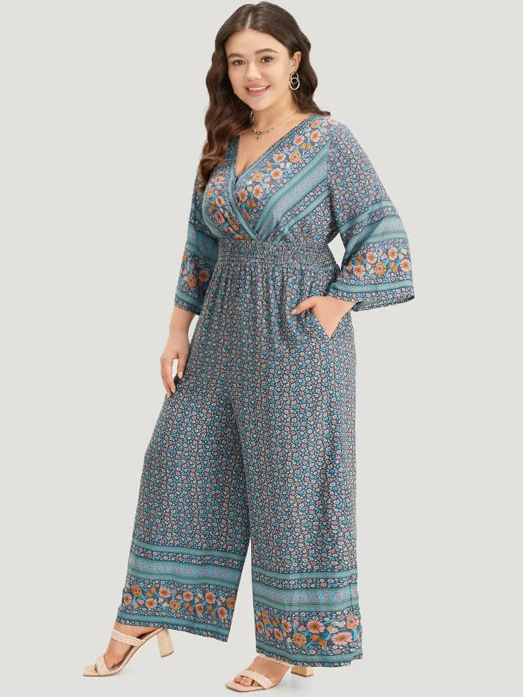 Floral Print Shirred Overlap Collar Jumpsuit sold by Bloomchic product image thumbnail 3