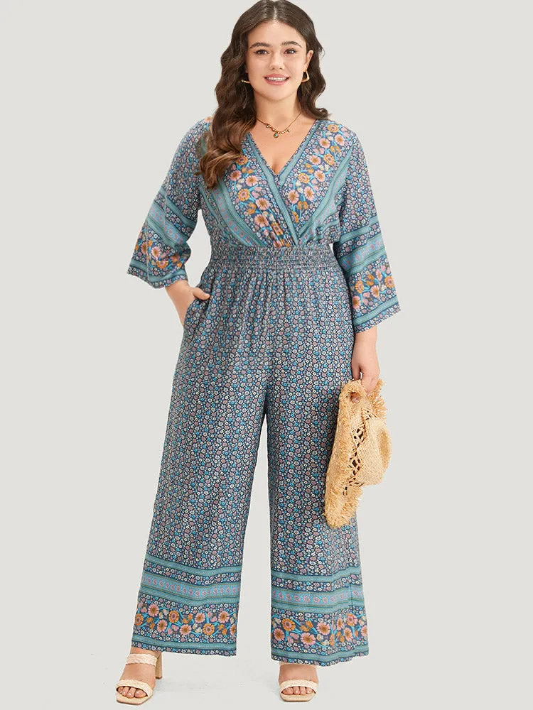 Floral Print Shirred Overlap Collar Jumpsuit sold by Bloomchic