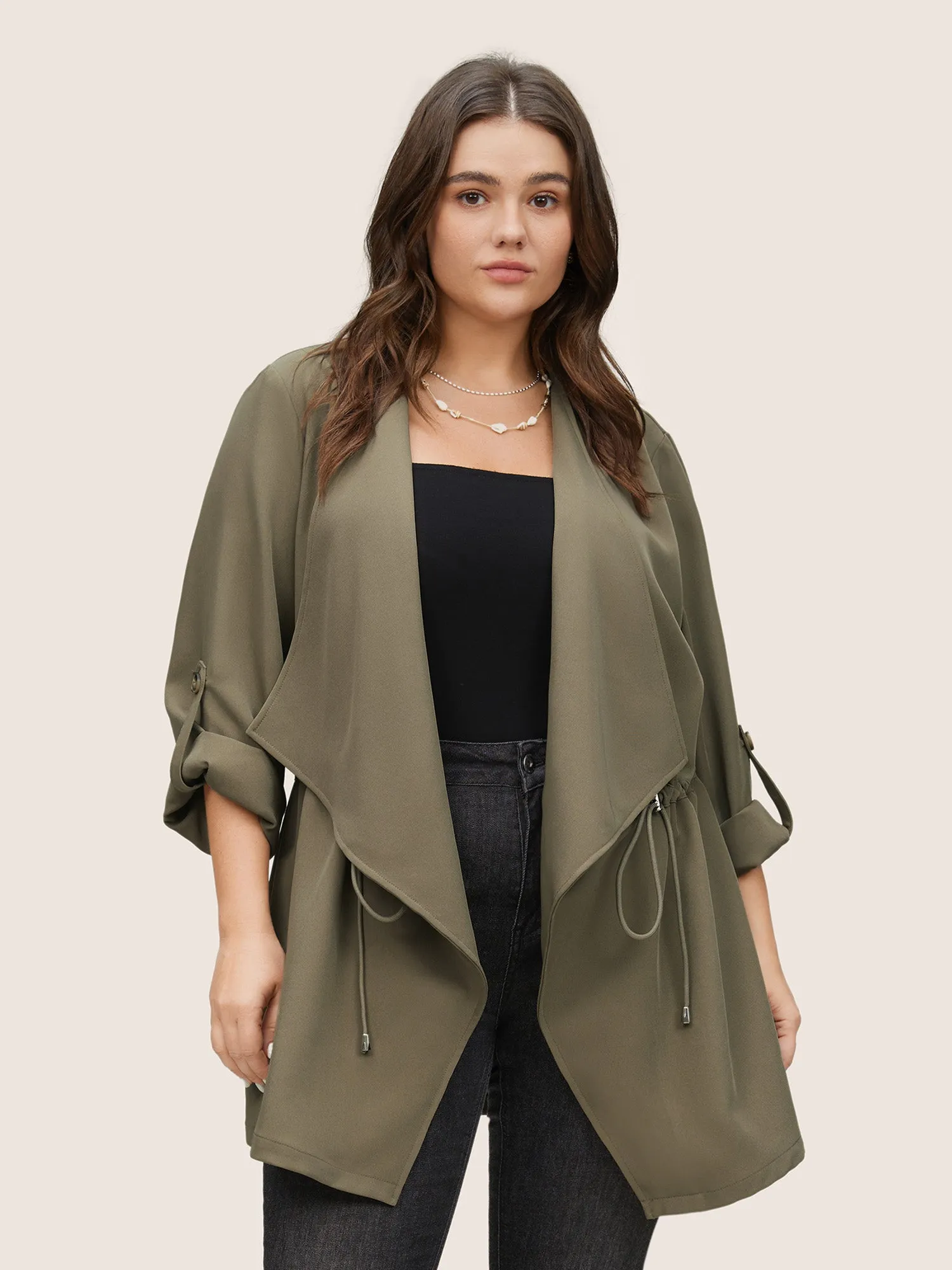 Solid Drawstring Asymmetrical Neck Tab Sleeve Jacket sold by Bloomchic