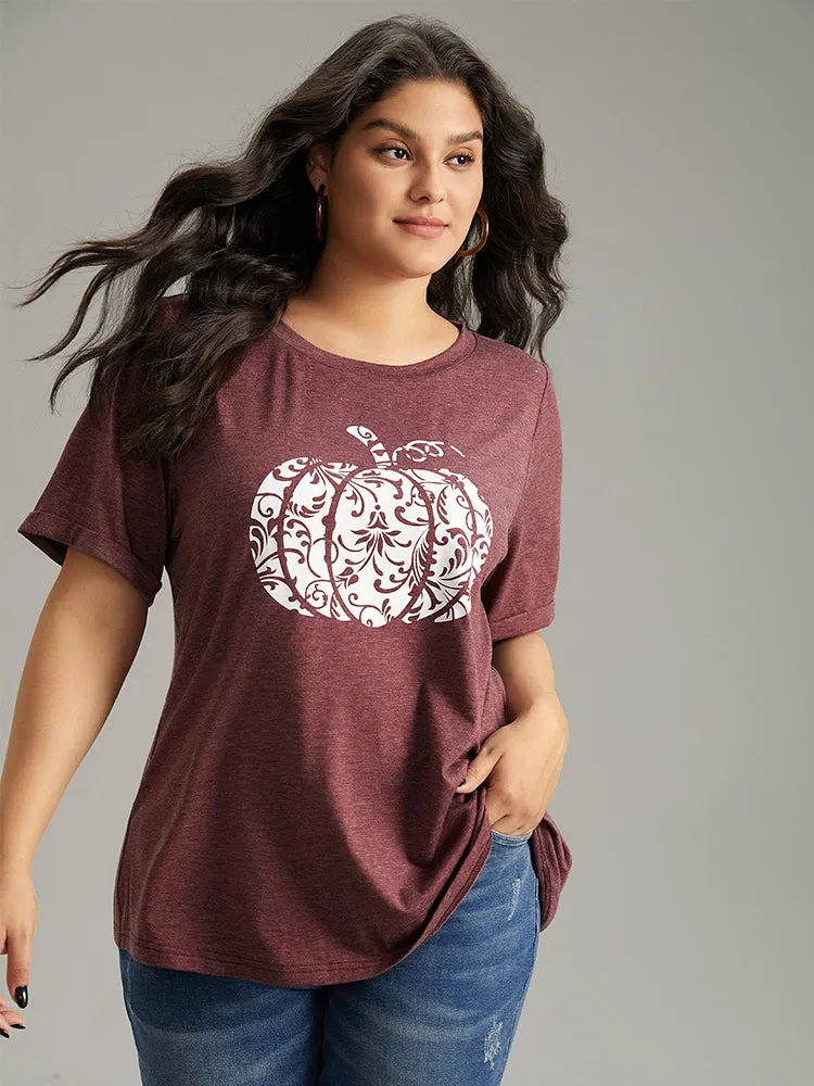 Pumpkin Print Round Neck T-shirt sold by Bloomchic