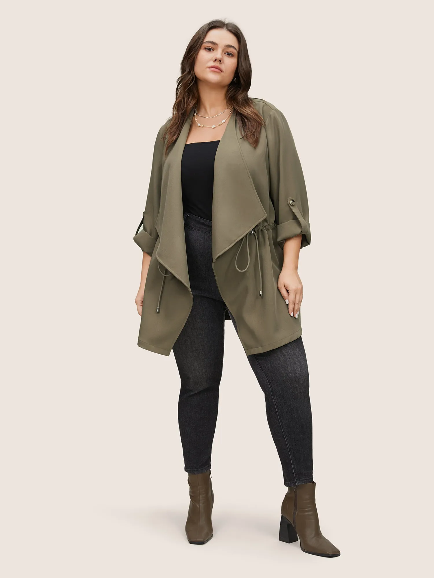 Solid Drawstring Asymmetrical Neck Tab Sleeve Jacket sold by Bloomchic product image thumbnail 2